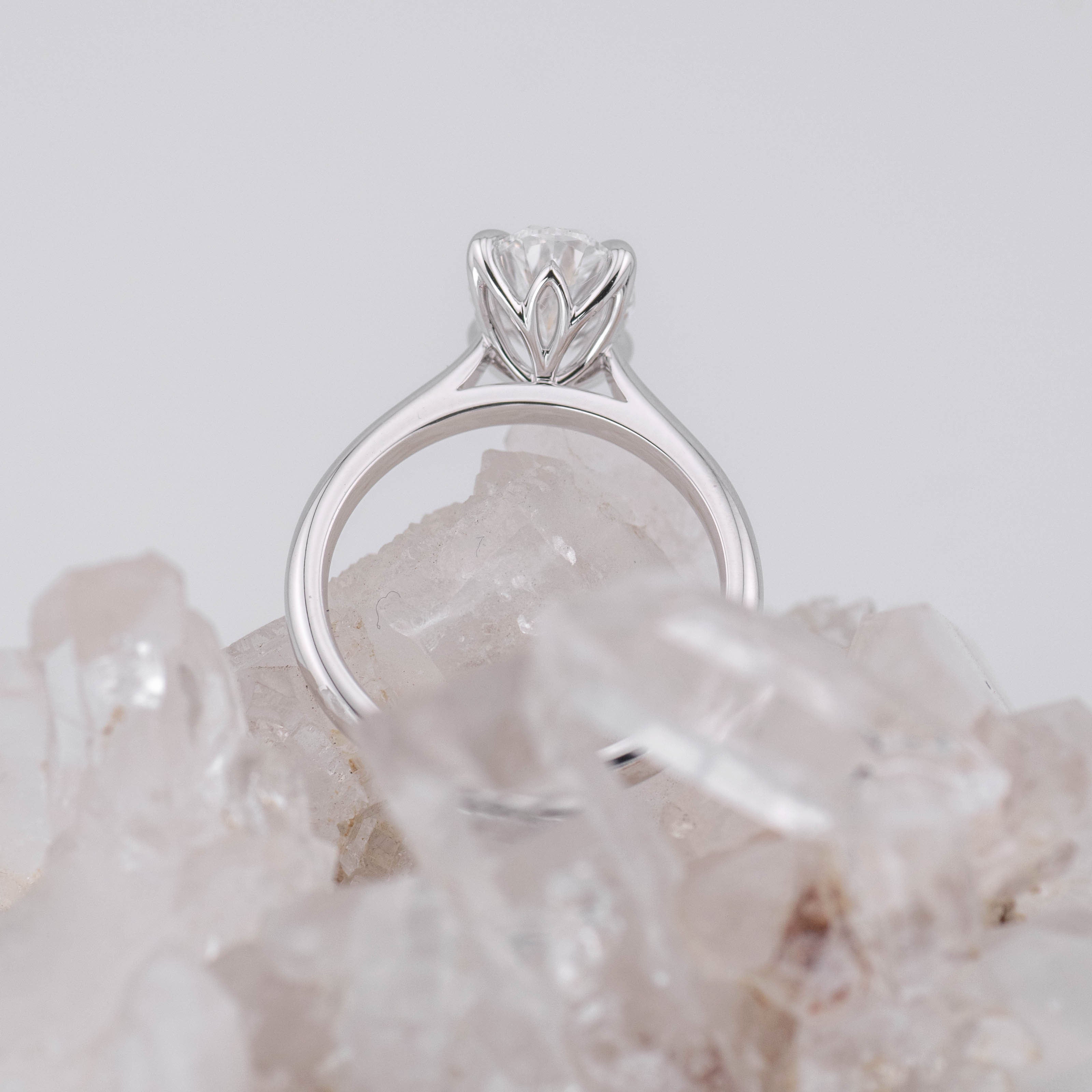 (Ready to Ship Size L) - Oval Petal 2.0 – 4 Claw Petal Basket 2.03ct D VVS2 Oval Solitaire in 18k White Gold