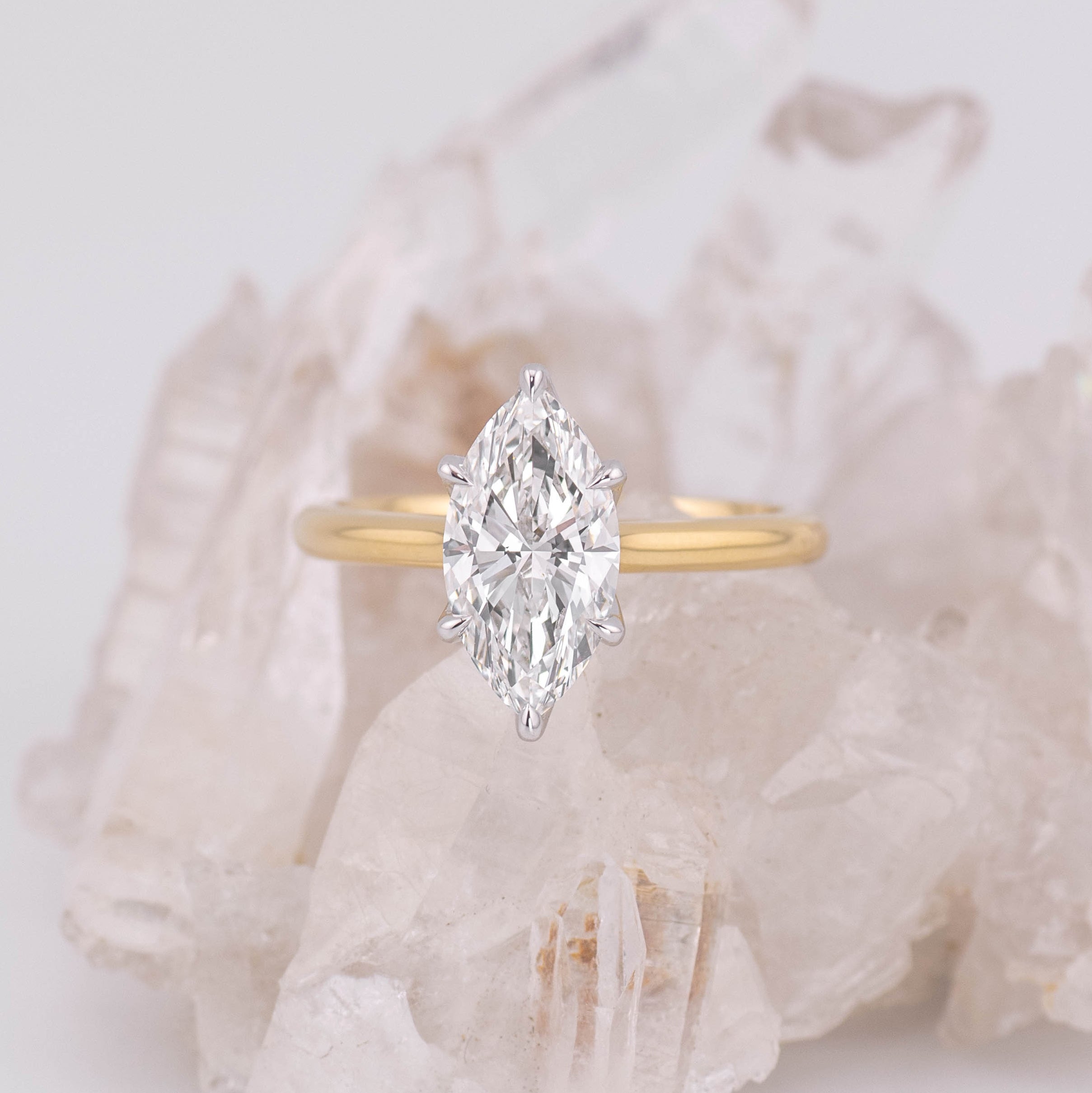 (Ready to Ship Size M) - Petal Marquise – 6 Claw 2.02ct E VVS2 Marquise Solitaire in 2 Tone Yellow and White Gold