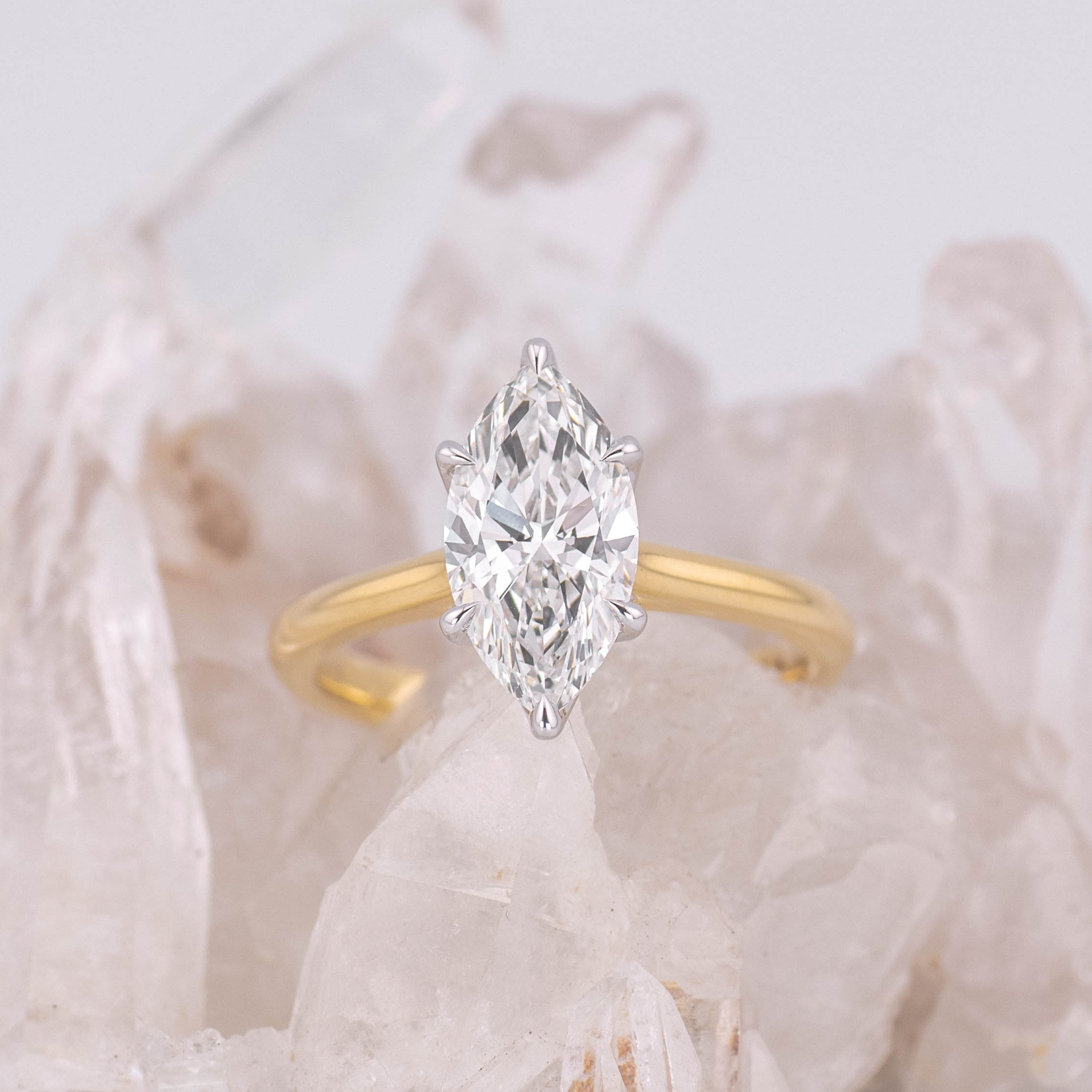 (Ready to Ship Size M) - Petal Marquise – 6 Claw 2.02ct E VVS2 Marquise Solitaire in 2 Tone Yellow and White Gold