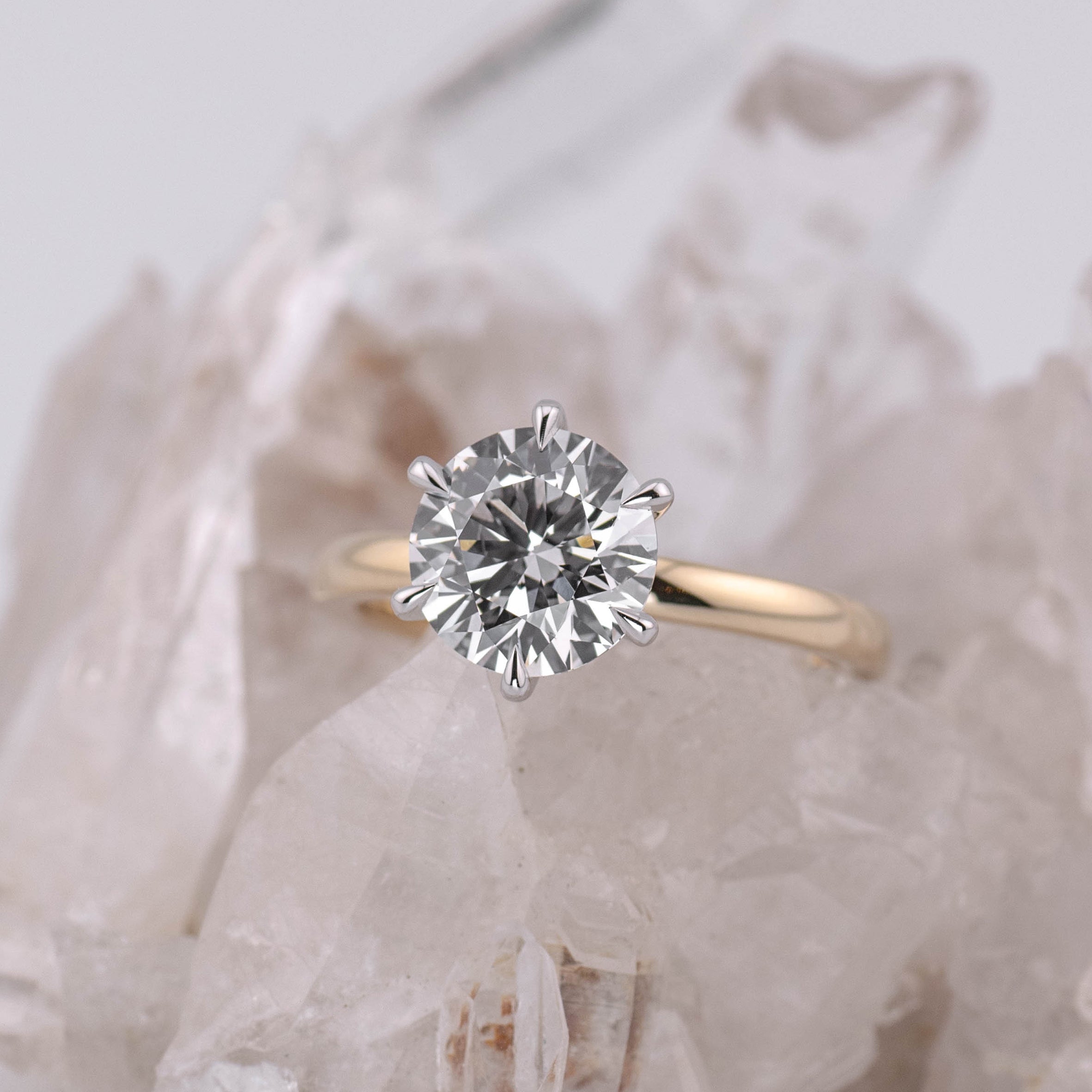 (Ready to Ship Size L) - Billie 2.0 – 6 Claw 2.05ct E VVS2 Round Solitaire 9k 2 Tone Gold