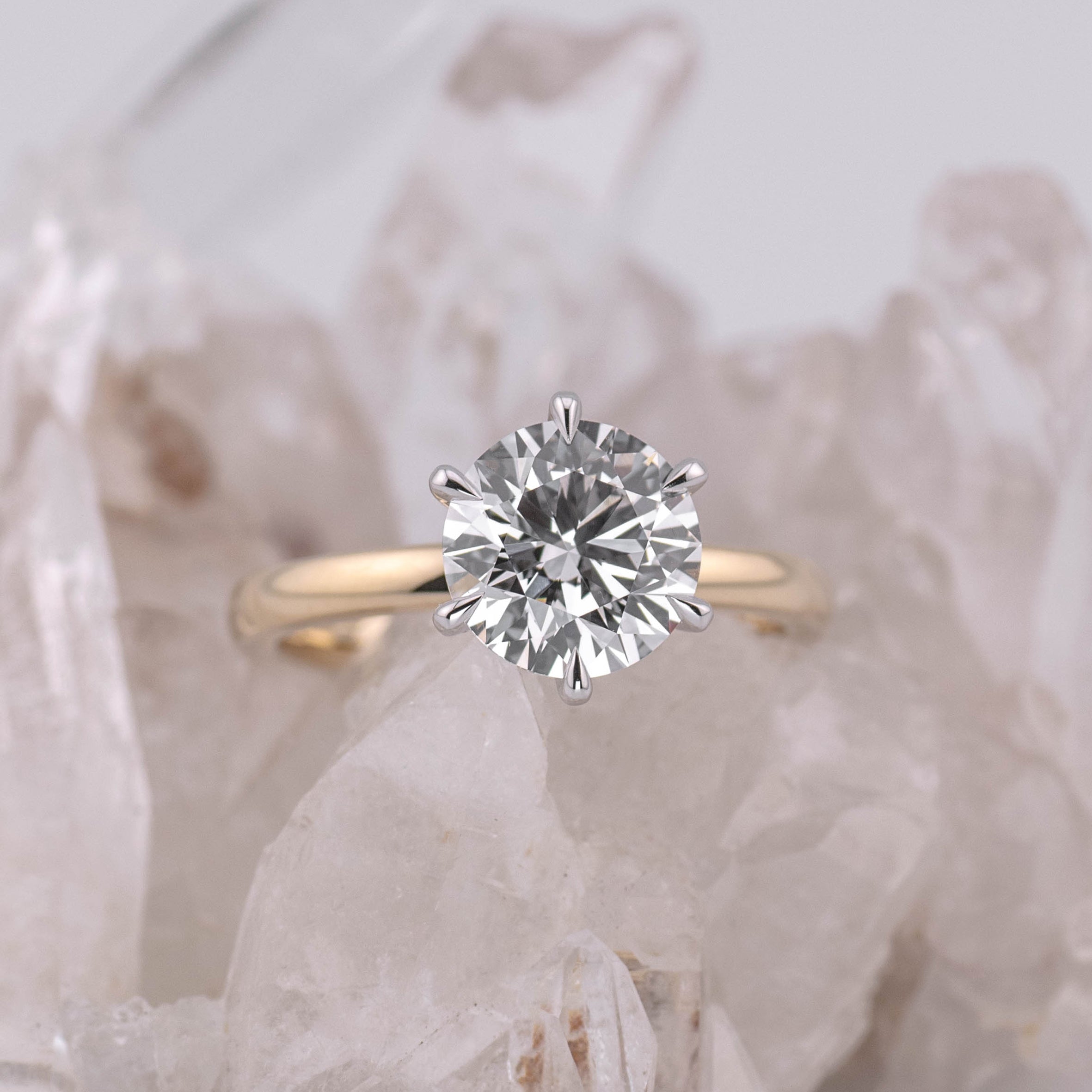 (Ready to Ship Size L) - Billie 2.0 – 6 Claw 2.05ct E VVS2 Round Solitaire 9k 2 Tone Gold