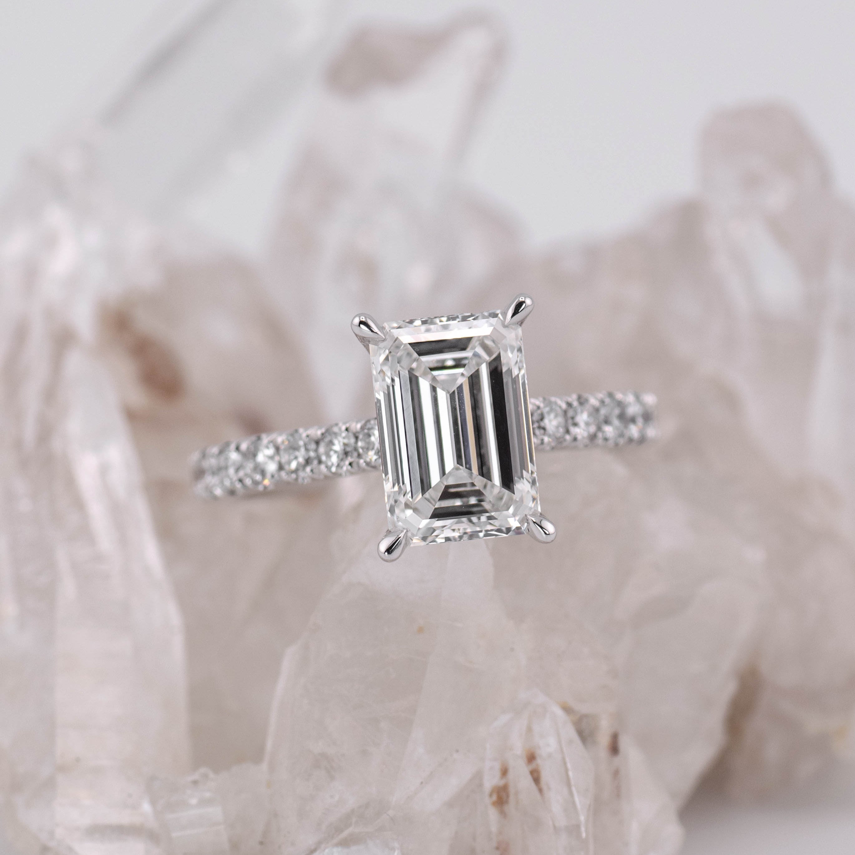 Alice 2.5CT Emerald Cut Solitaire with Cathedral 3/4 Pave Band and Hidden Halo (Made to Order) E/F VVS2