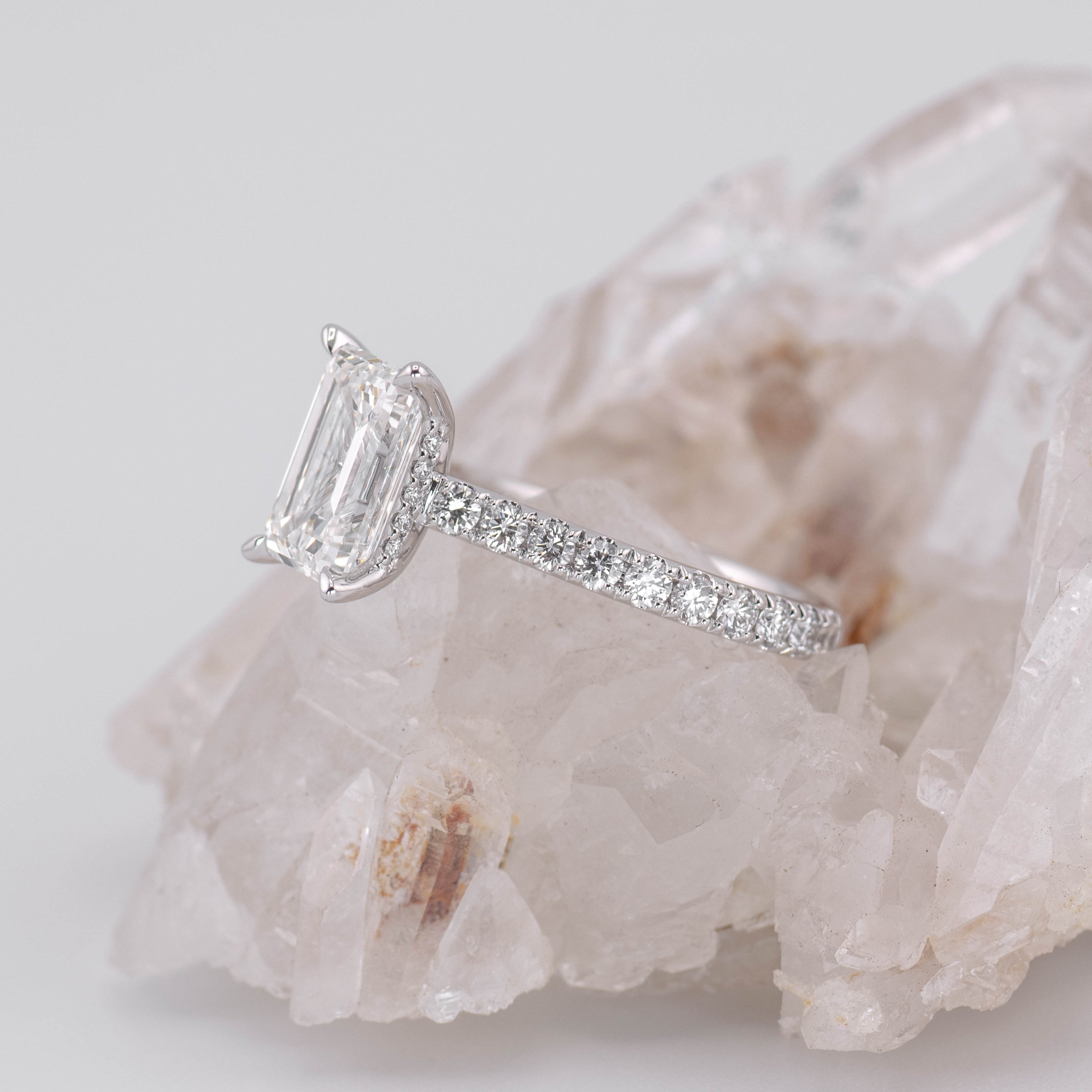 Alice 2.5CT Emerald Cut Solitaire with Cathedral 3/4 Pave Band and Hidden Halo (Made to Order) E/F VVS2