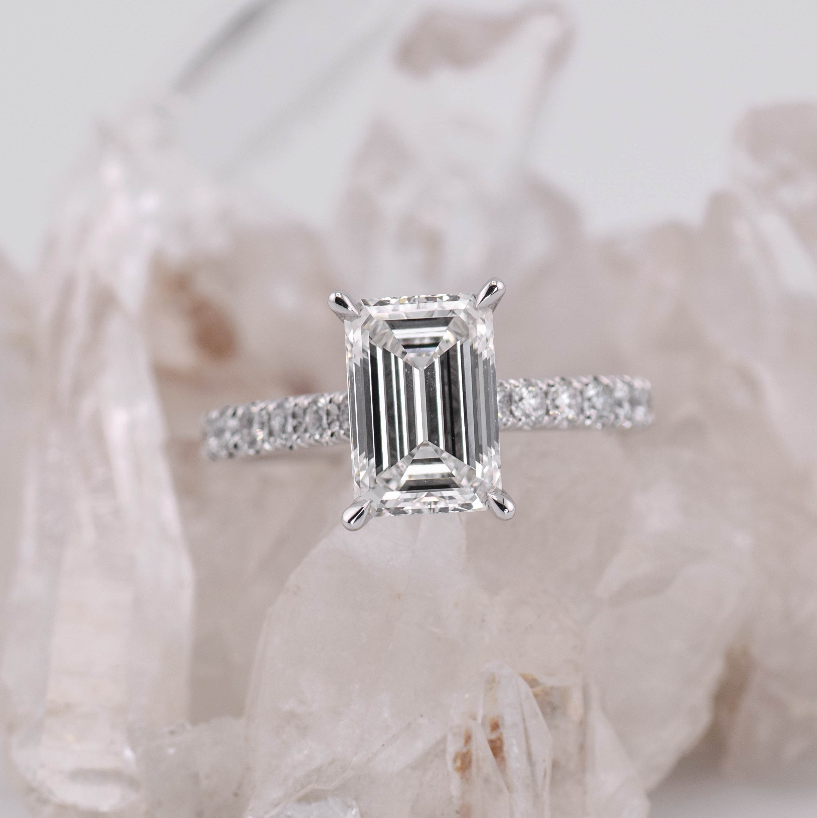 (Ready to Ship Size M) 2.58ct F VVS2 Emerald Solitaire with Hidden Halo & 3/4 Pave Band in 14k White Gold