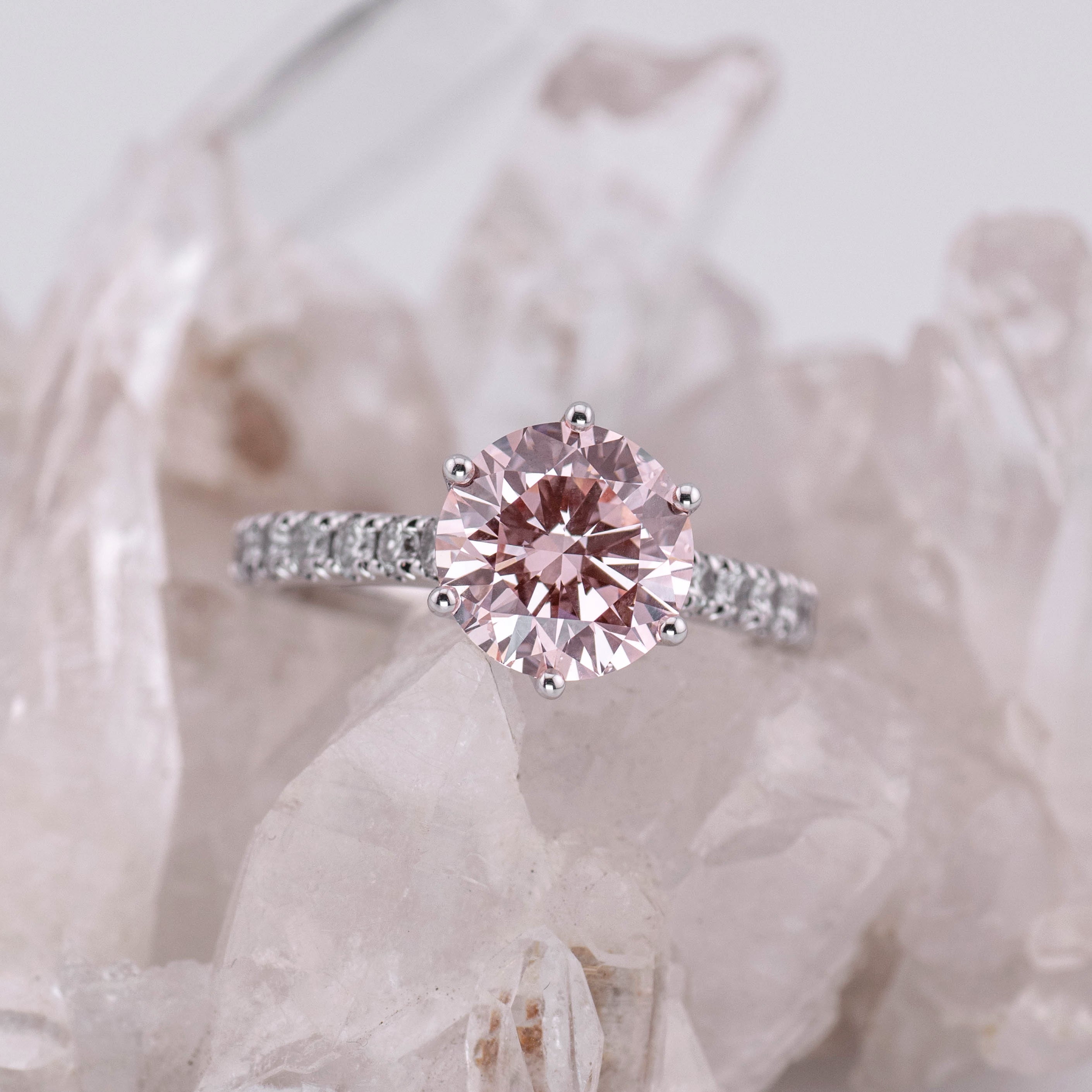 (Ready to Ship Size M) - Pink Petal Pave Solitaire – 6 Petal Claw 2.51ct VVS2 Fancy Intense Pink in 18k White Gold