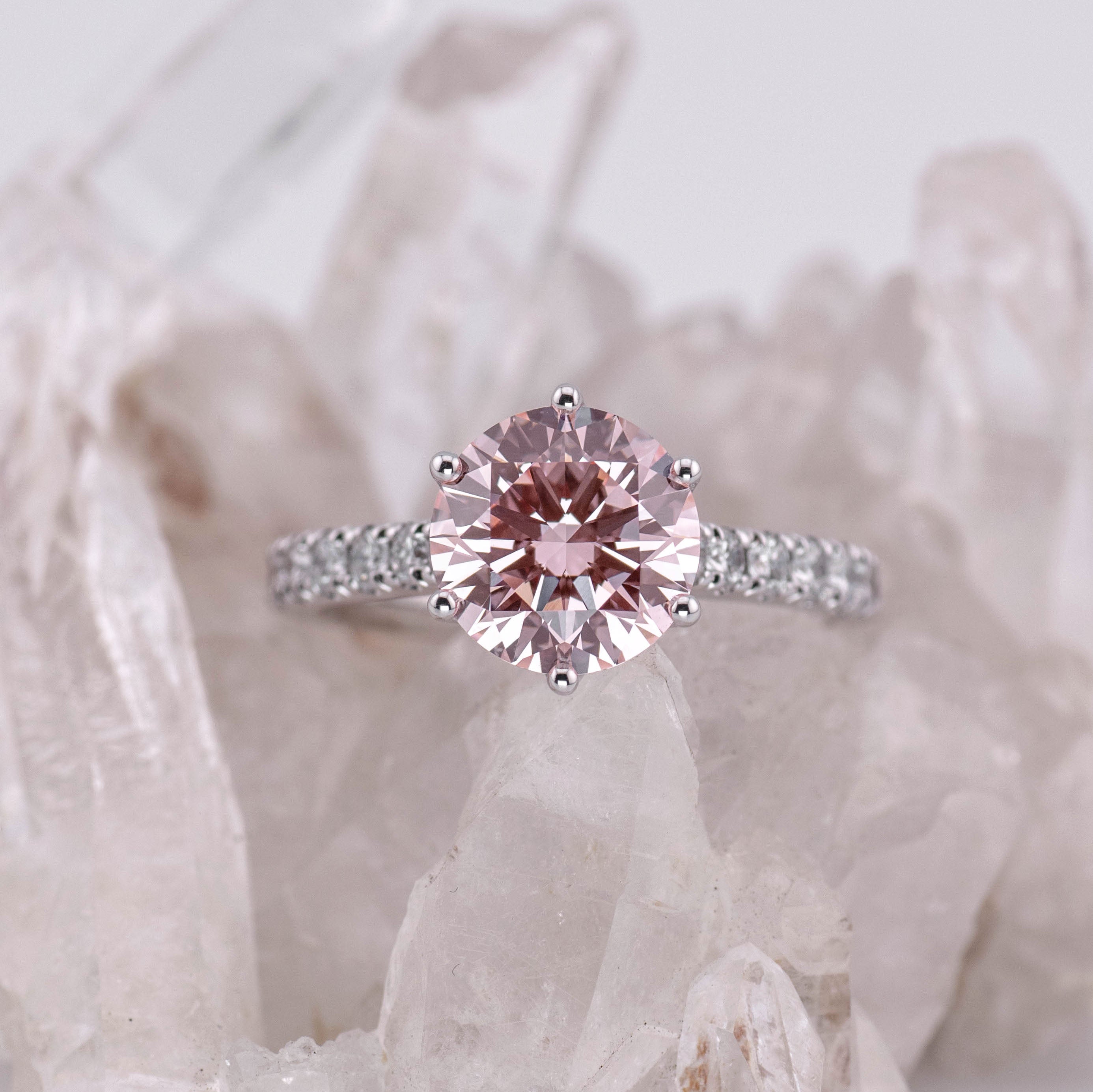 (Ready to Ship Size M) - Pink Petal Pave Solitaire – 6 Petal Claw 2.51ct VVS2 Fancy Intense Pink in 18k White Gold
