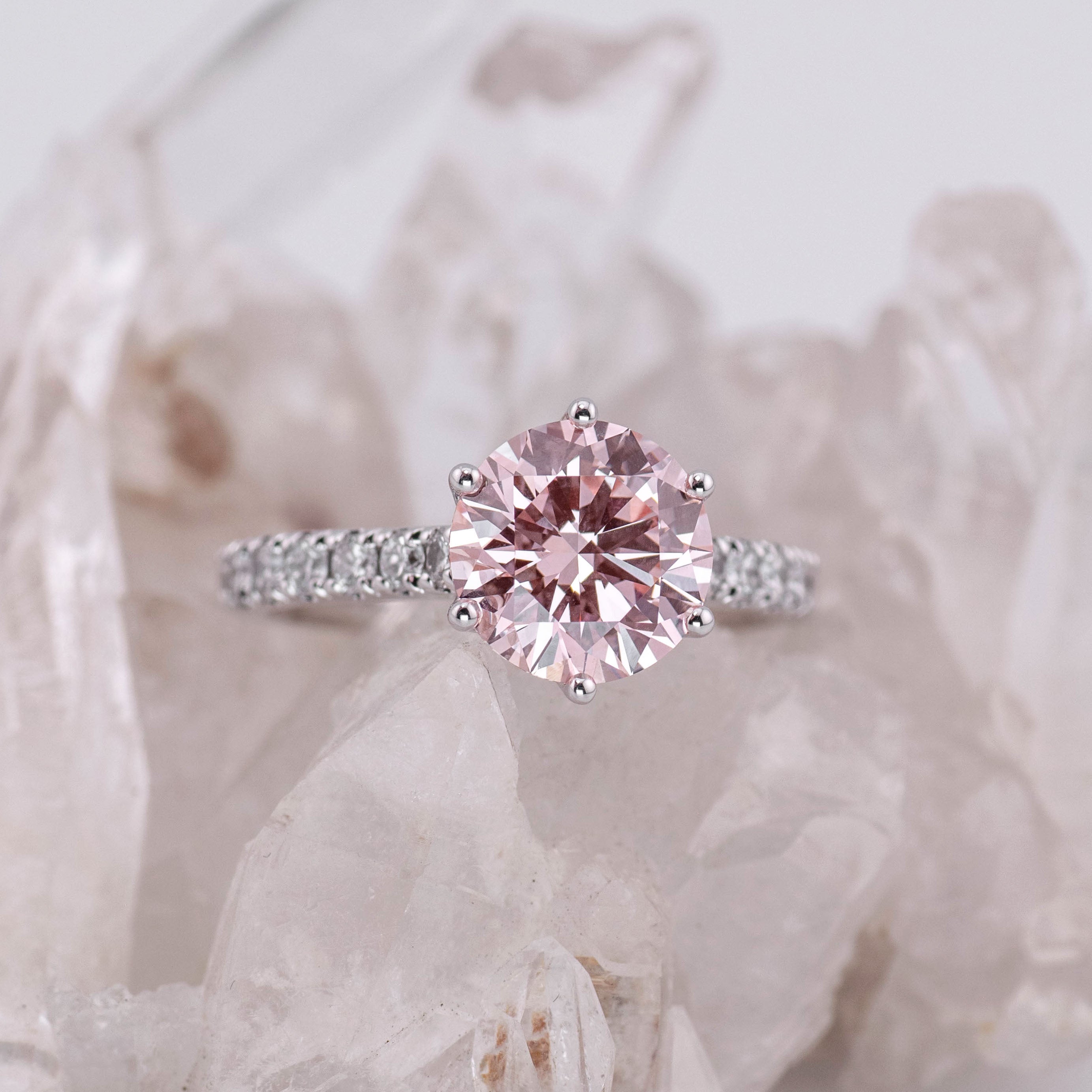 (Ready to Ship Size M) - Pink Petal Pave Solitaire – 6 Petal Claw 2.51ct VVS2 Fancy Intense Pink in 18k White Gold