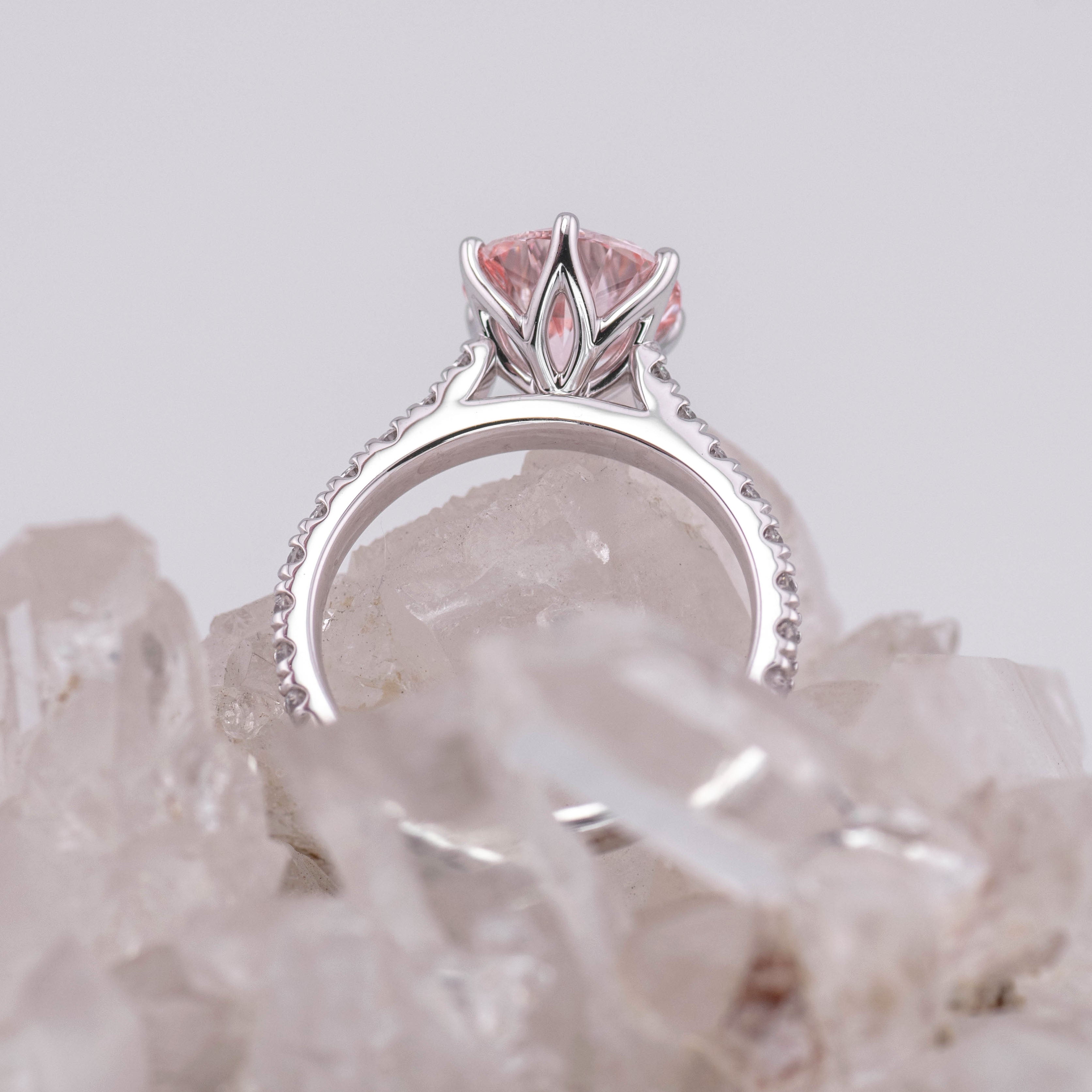 (Ready to Ship Size M) - Pink Petal Pave Solitaire – 6 Petal Claw 2.51ct VVS2 Fancy Intense Pink in 18k White Gold