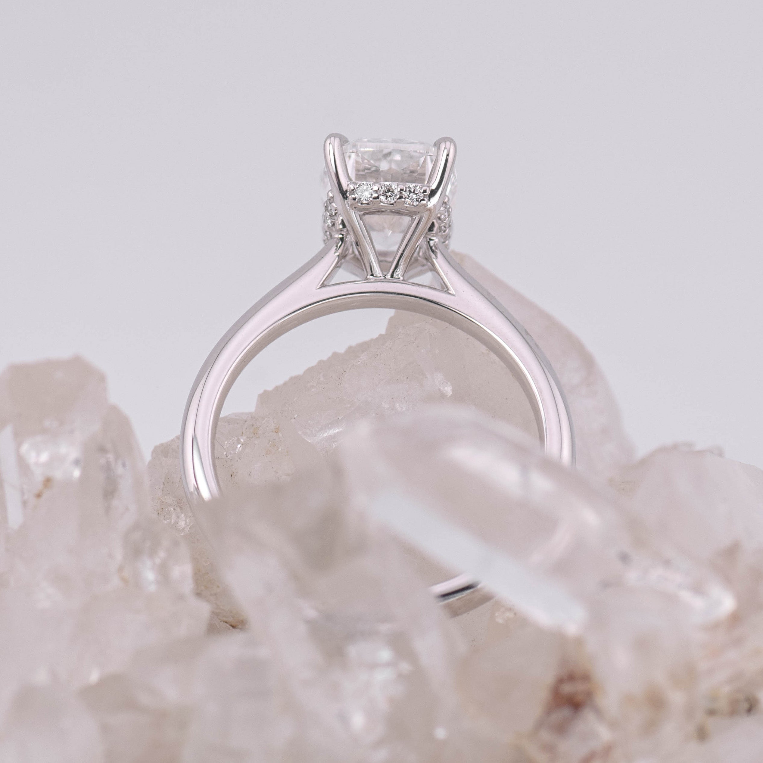 (Ready to Ship Size M) - Ruth 2.5 – Cathedral & Hidden Halo Elongated Cushion 2.52ct D VVS2 Solitaire in 18k White Gold