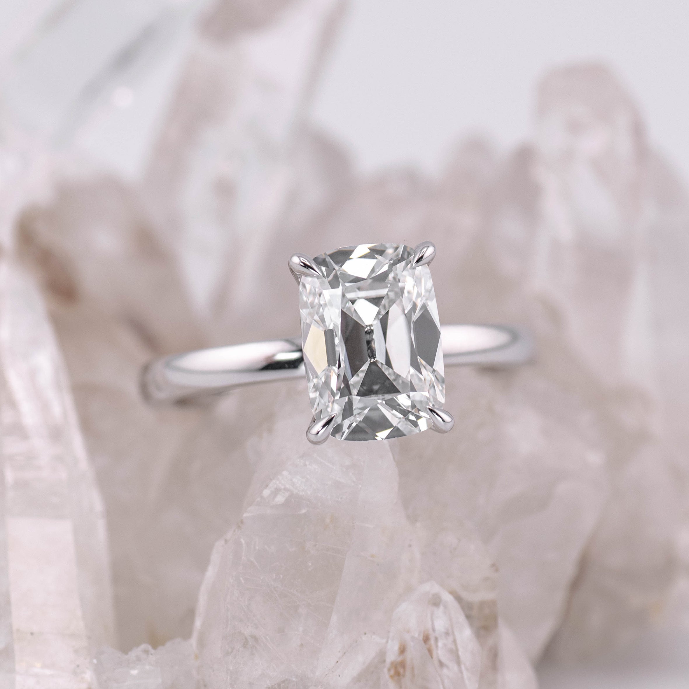 (Ready to Ship Size N) - 2.54ct Old Mine E VVS2 Solitaire with Hidden Halo 18k White Gold