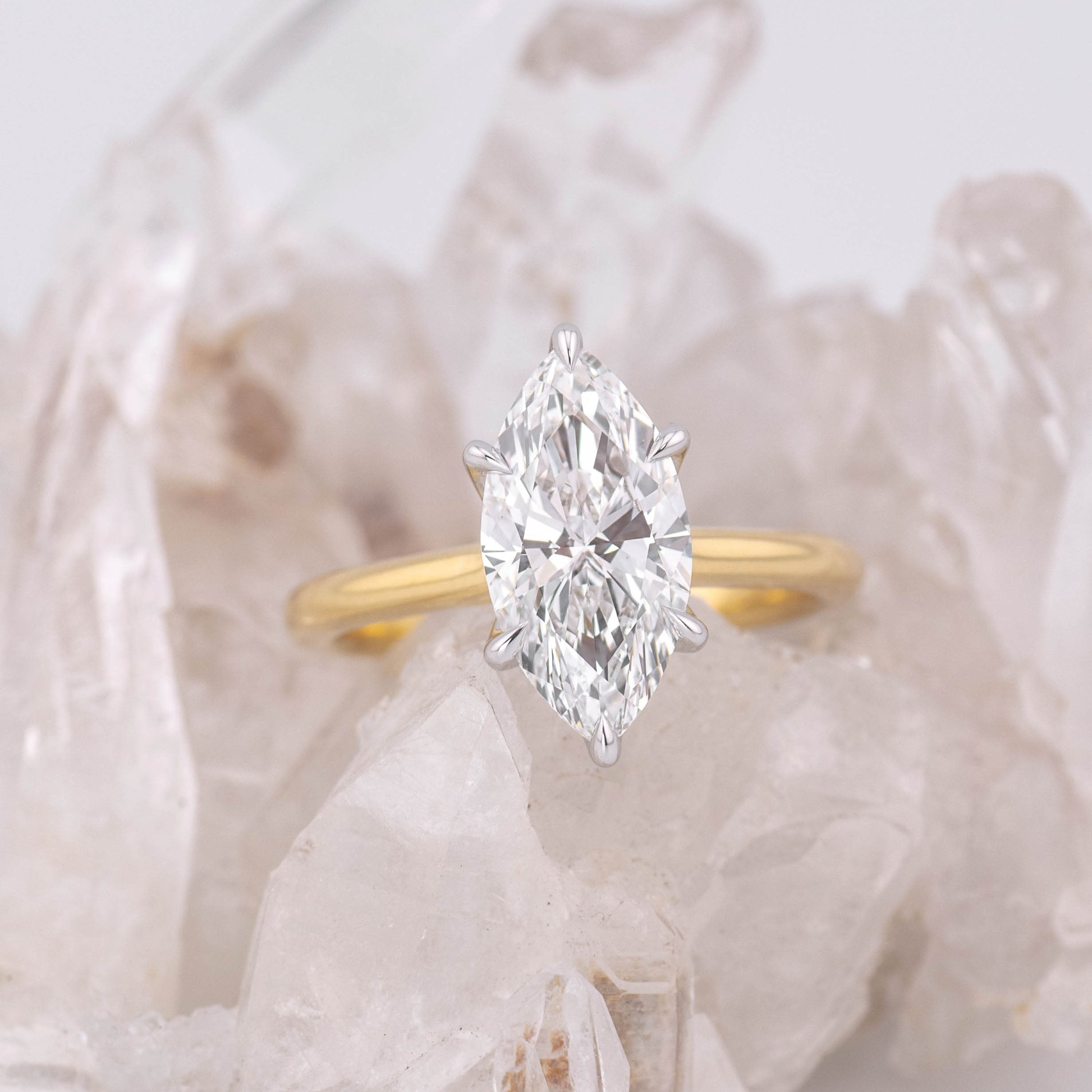 (Ready to Ship Size M) - Petal Marquise – 6 Claw 2.59ct E VVS2 Marquise Solitaire in 2 Tone Yellow and White Gold