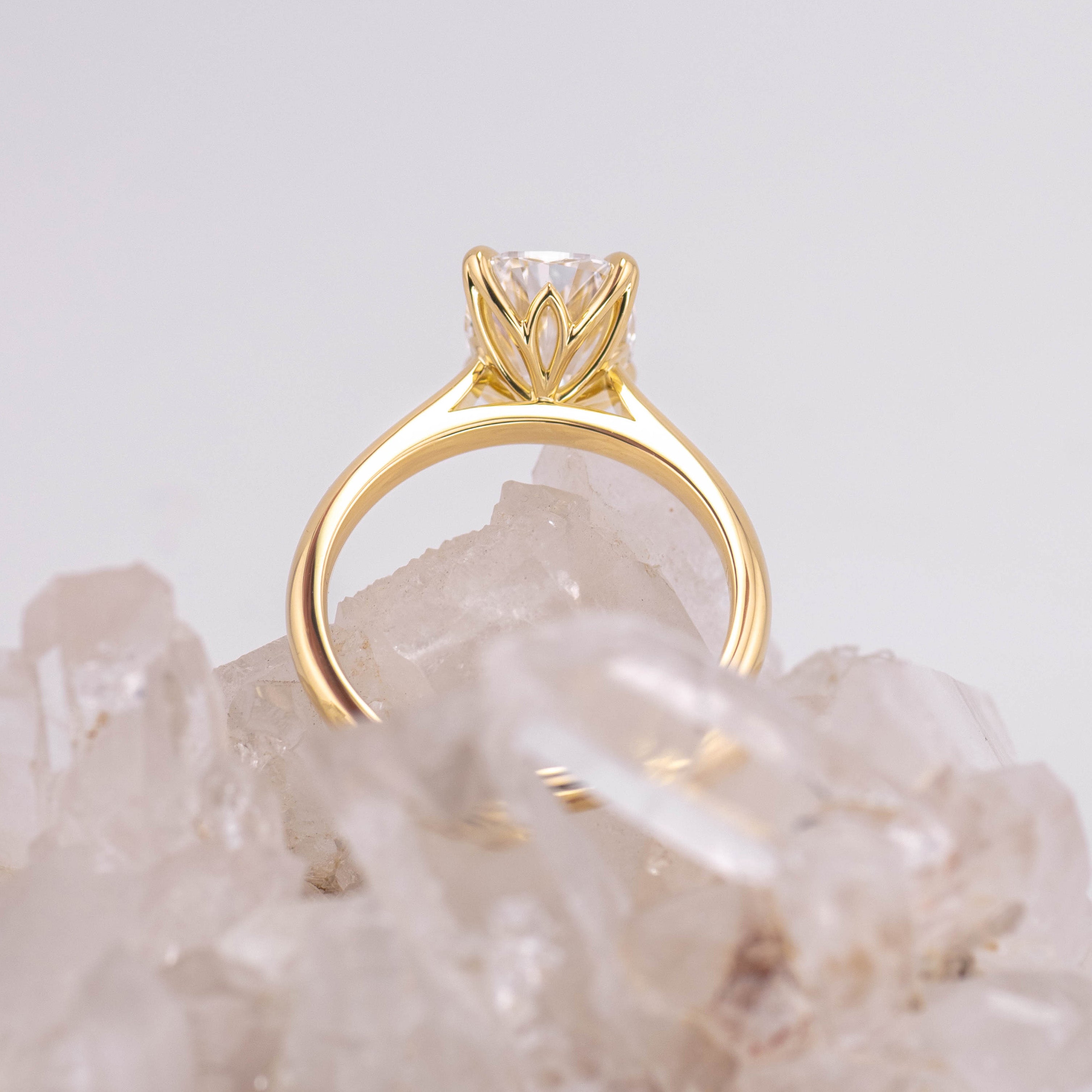 (Ready to Ship Size N) - Petal Elongated Cushion – 4 Claw 2.72ct E VVS2 Solitaire in 18k Yellow Gold