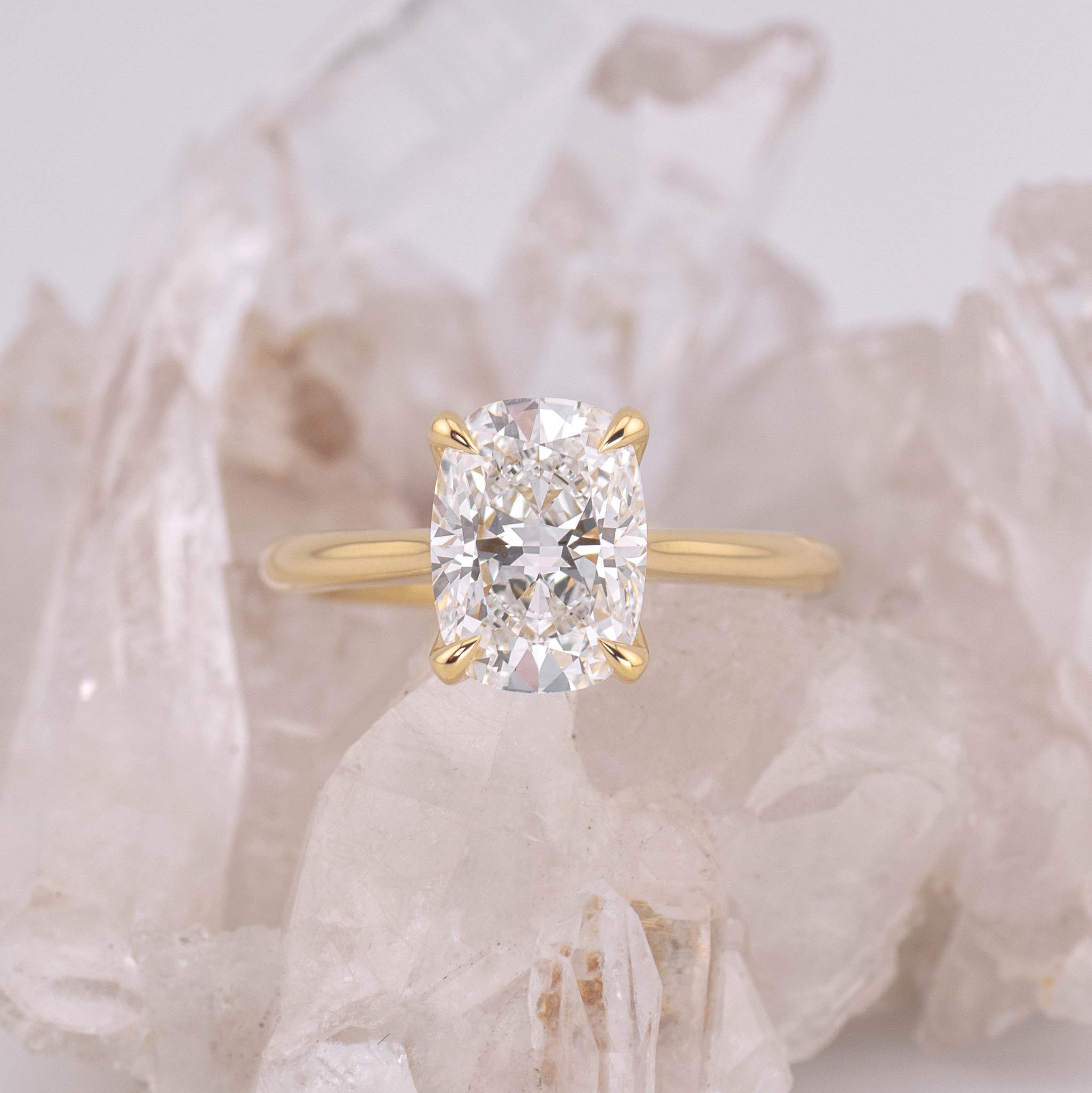 (Ready to Ship Size N) - Petal Elongated Cushion – 4 Claw 2.72ct E VVS2 Solitaire in 18k Yellow Gold