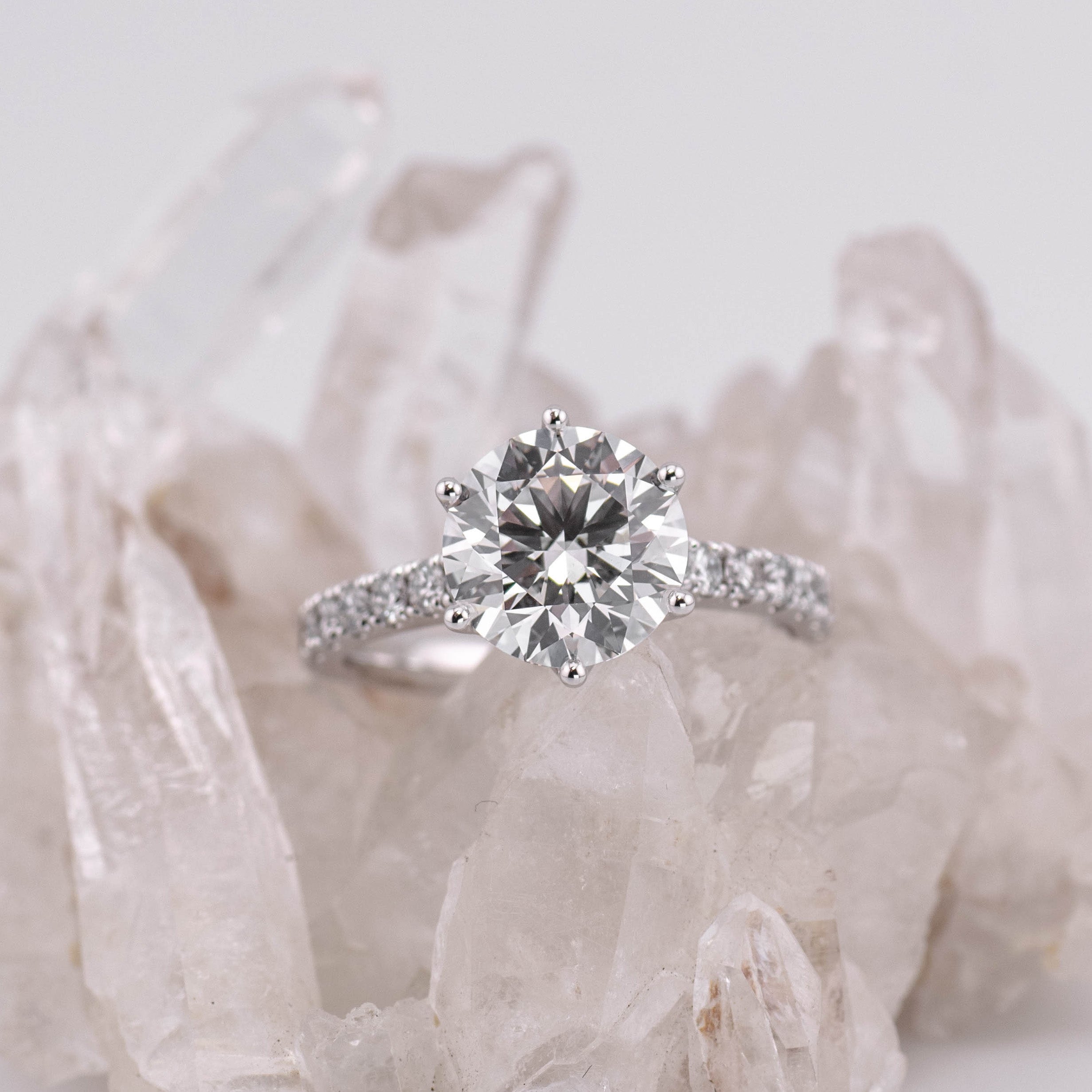 (Ready to Ship Size M) - Petal Pave Solitaire – 6 Petal Claw Round Brilliant 2.76ct D VVS2 in 18k White Gold