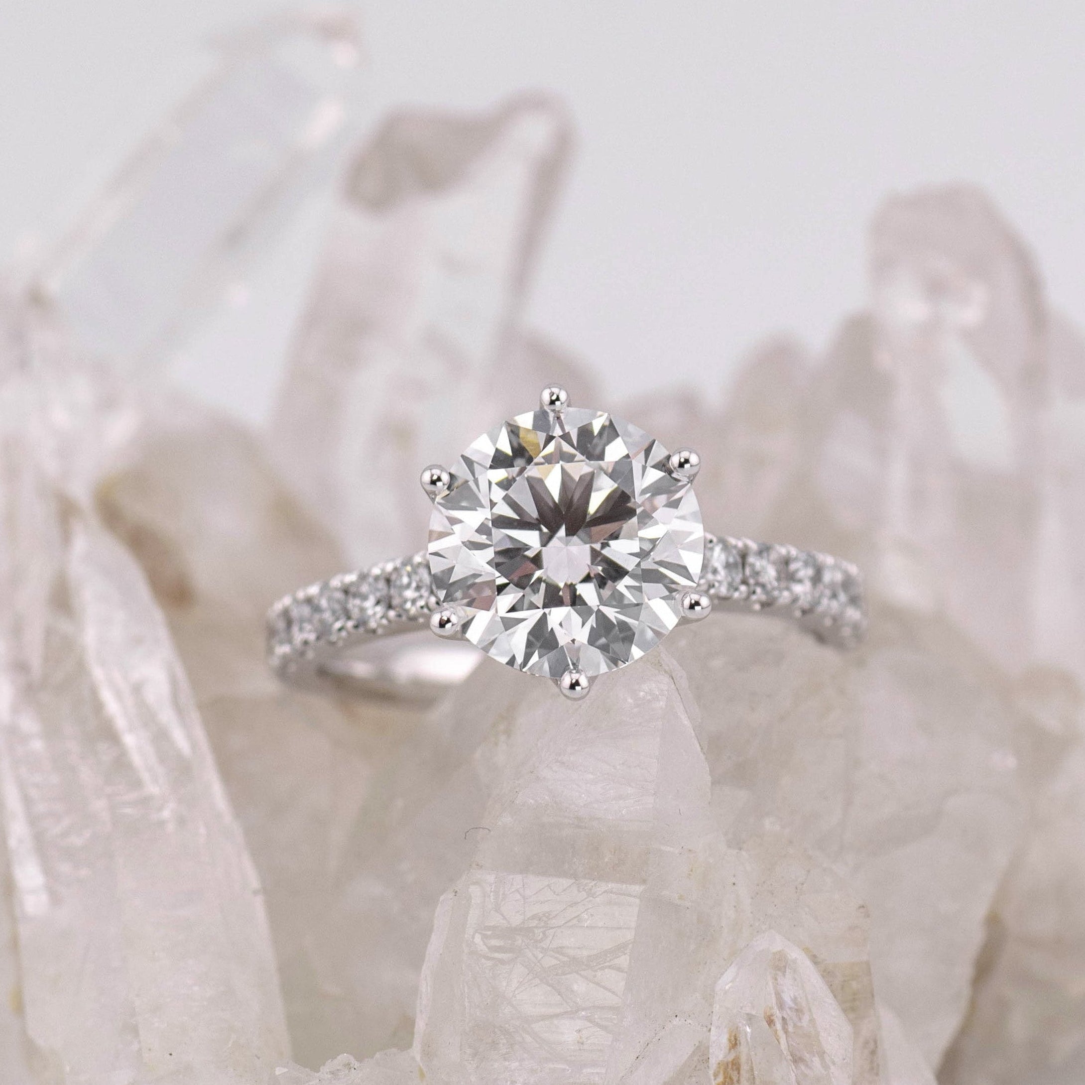 (Ready to Ship Size M) - Petal Pave Solitaire – 6 Petal Claw Round Brilliant 2.76ct D VVS2 in 18k White Gold