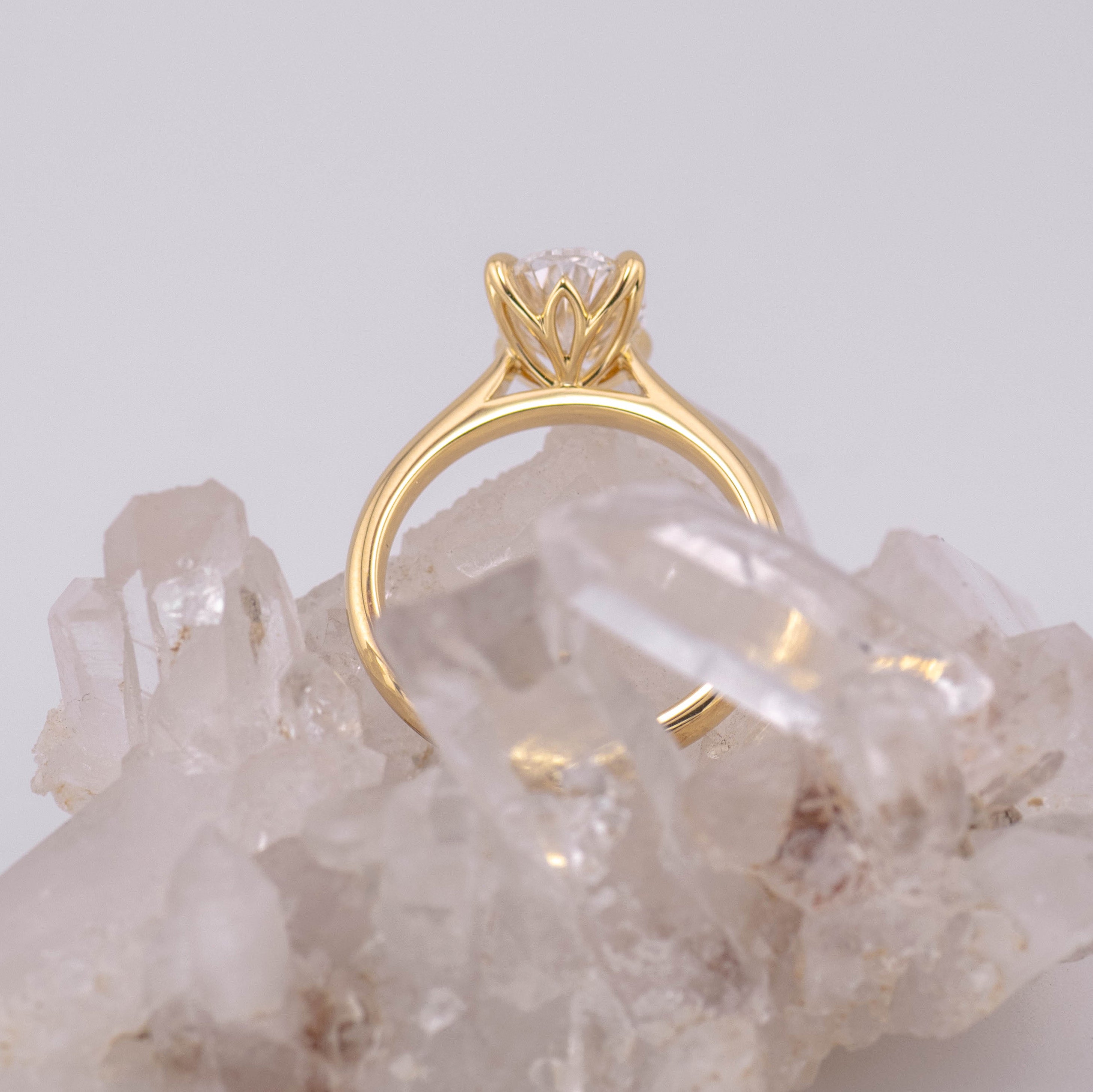(Ready to Ship Size L) - Oval Petal 2.0 – 4 Claw Petal Basket 2ct D VVS2 Oval Solitaire in 18k Yellow Gold