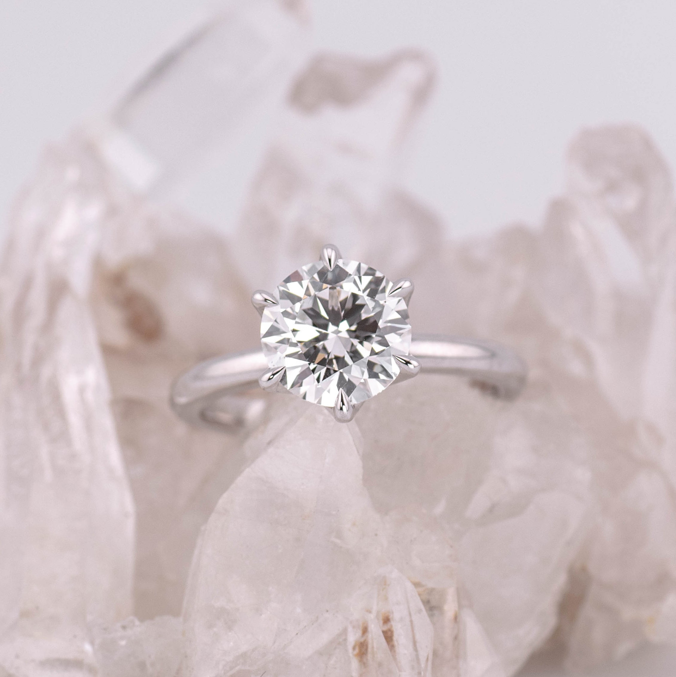 (Ready to Ship Size M) - Petal 2 – 6 Petal Claw 2.09ct E VVS2 Round Solitaire in 18K White Gold