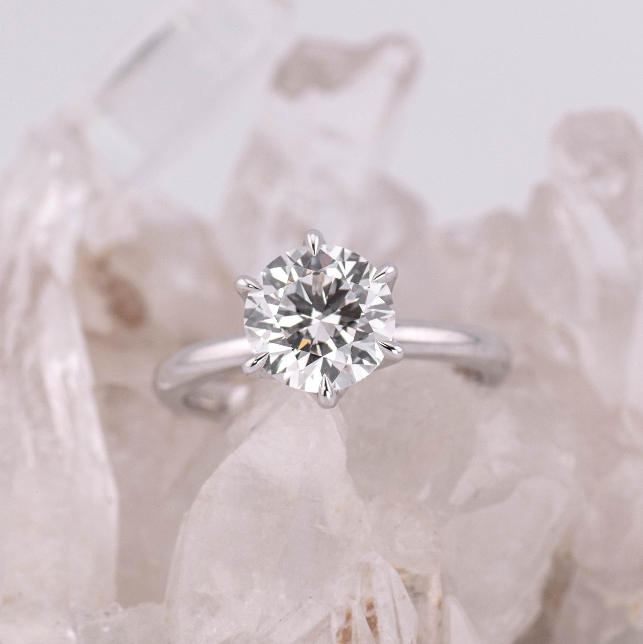 (Ready to Ship Size M) - Petal 2 – 6 Petal Claw 2.09ct E VVS2 Round Solitaire in 18K White Gold