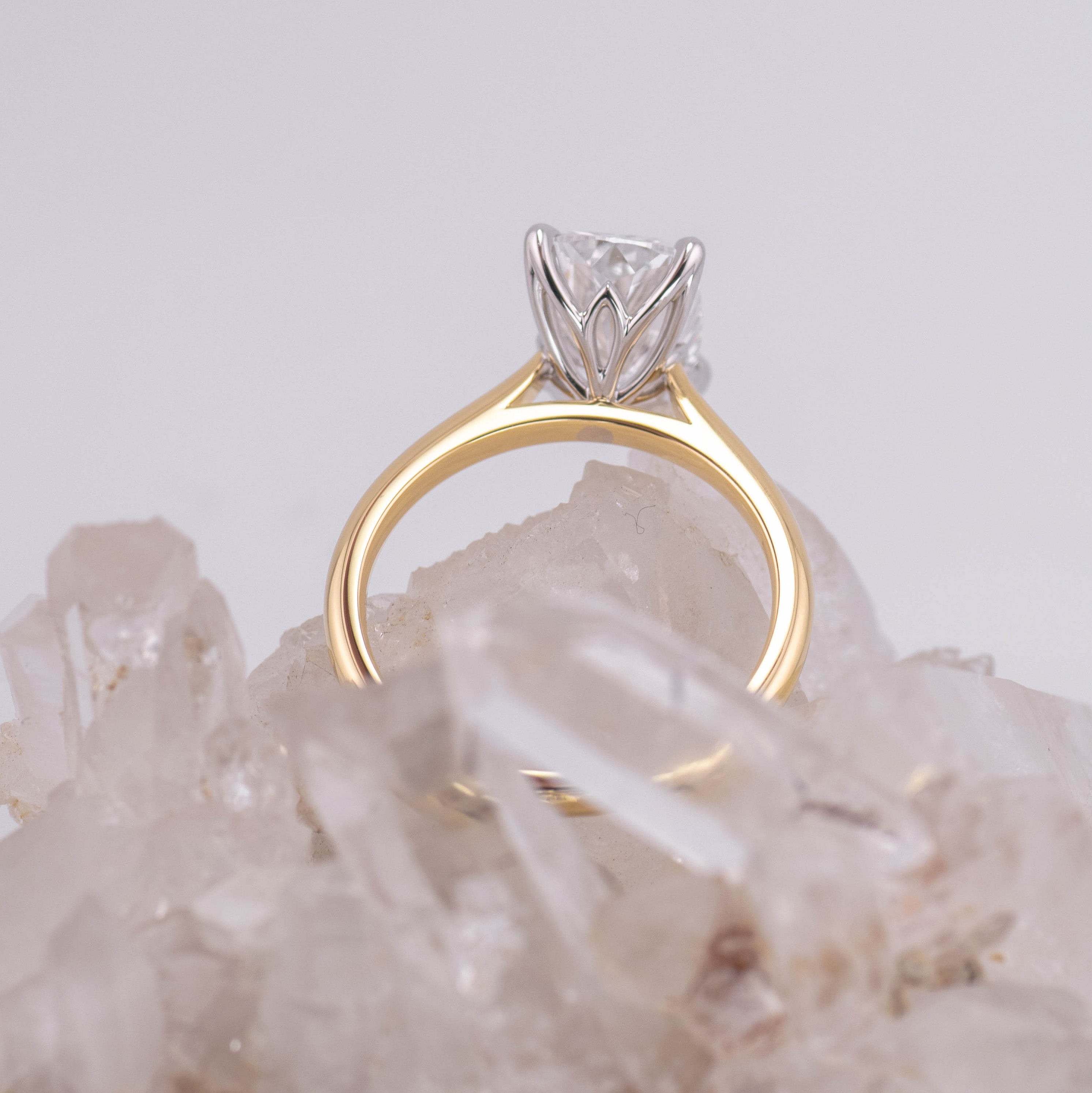 (Ready to Ship Size N) - Petal Elongated Cushion – 4 Claw 3.01ct D VVS2 Solitaire in 2 Tone 18k Yellow and White Gold