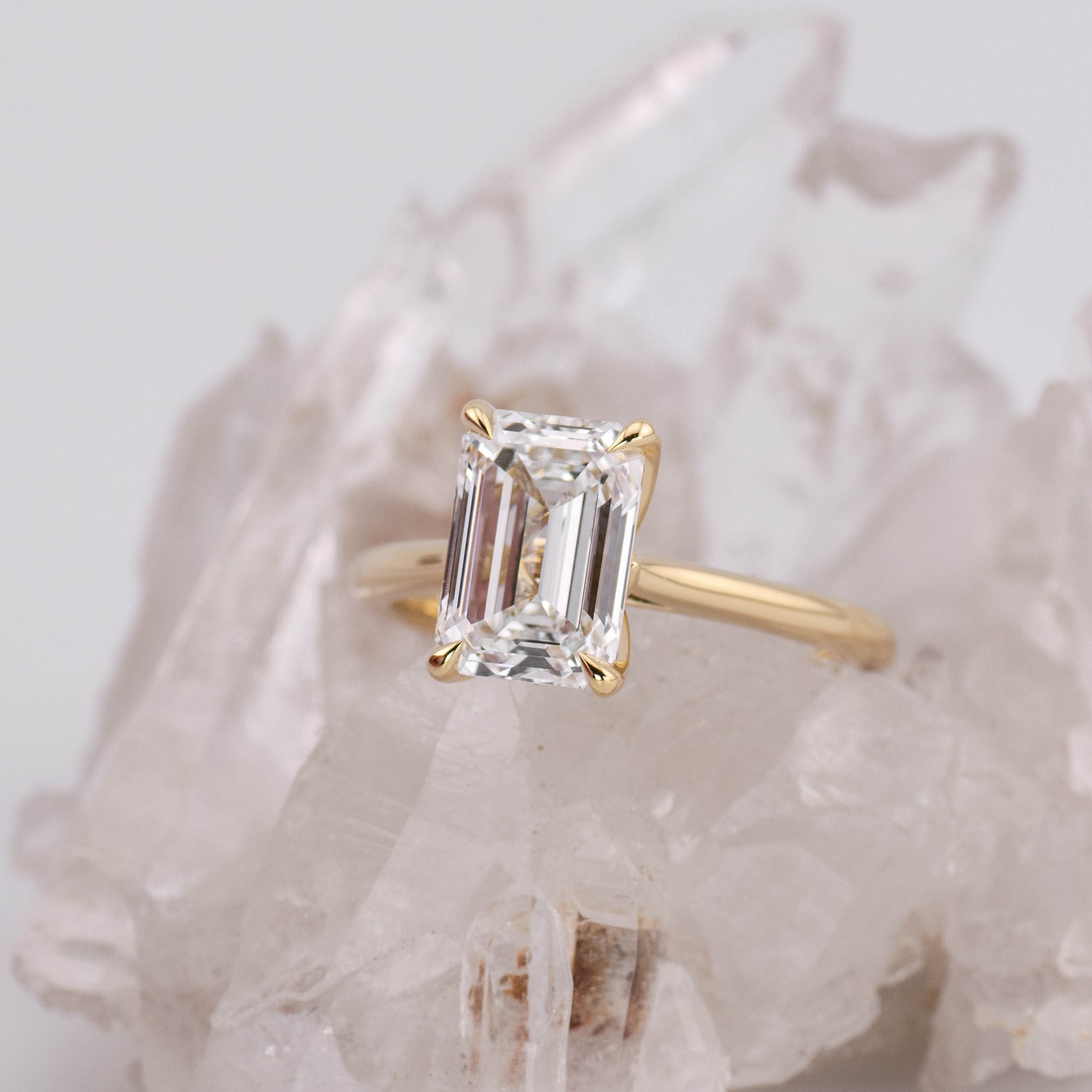 (Ready to Ship Size N) - Petal Emerald Cut – 4 Claw 3.02ct D VVS2 Solitaire in 18k Yellow Gold