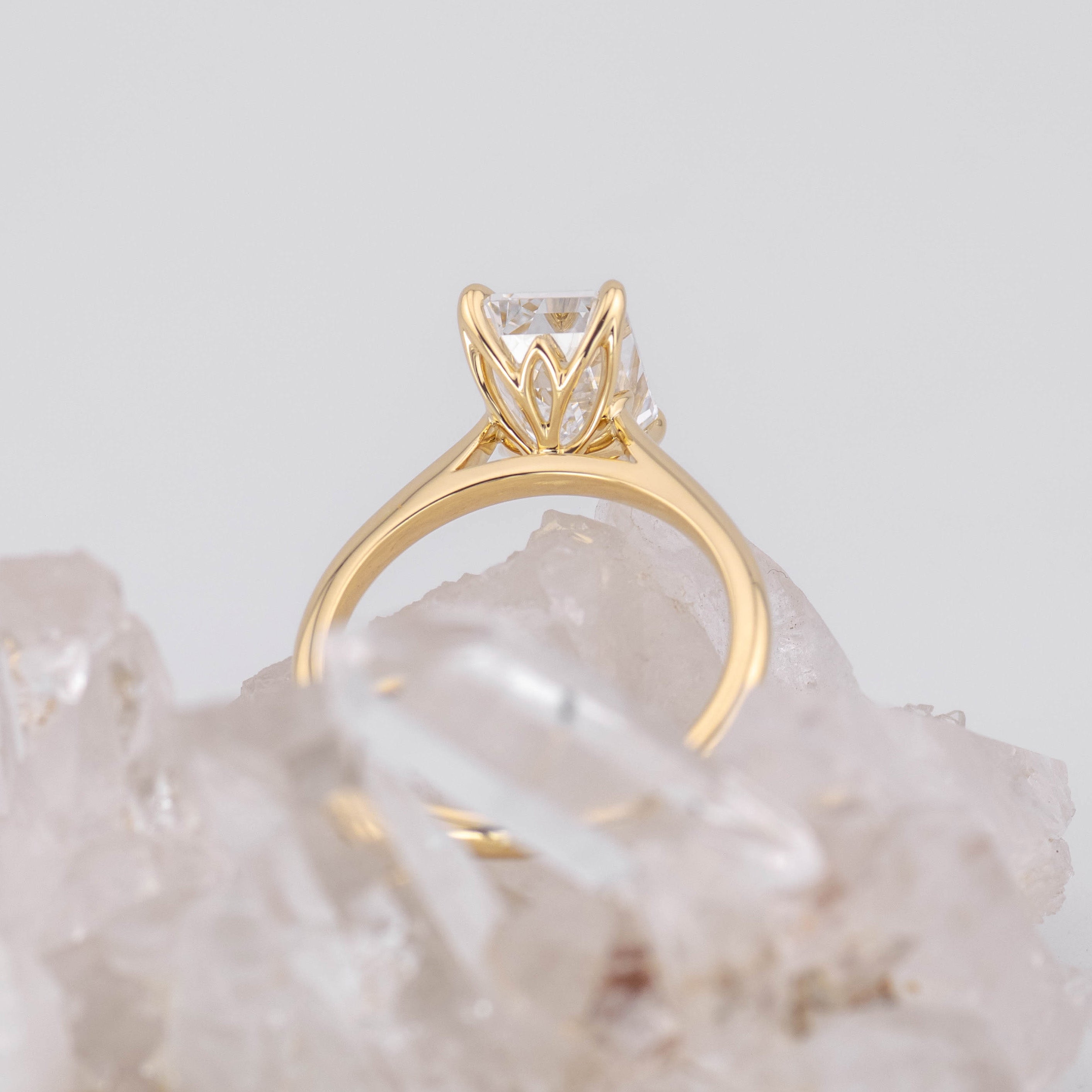 (Ready to Ship Size N) - Petal Emerald Cut – 4 Claw 3.02ct D VVS2 Solitaire in 18k Yellow Gold