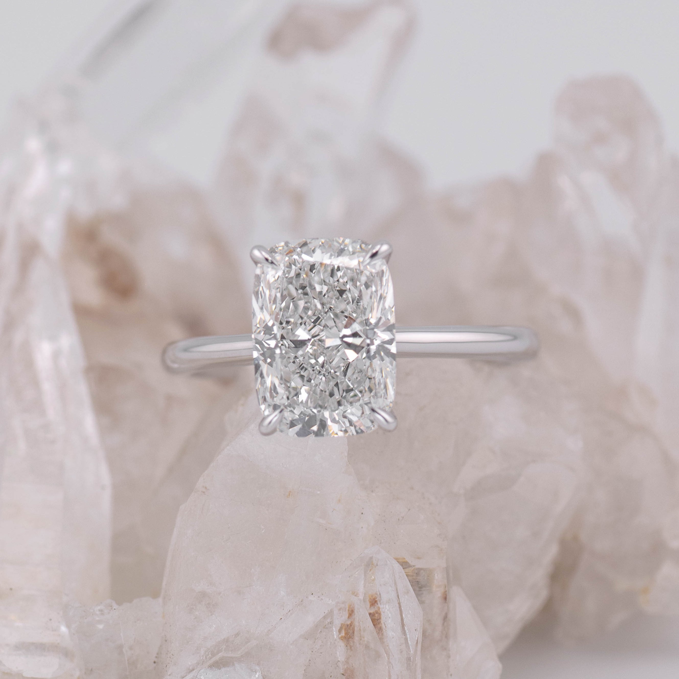 (Ready to Ship Size N) - Ruth 3.0 – Cathedral & Hidden Halo Elongated Cushion 3.08ct E VVS2 Solitaire in 14k White Gold