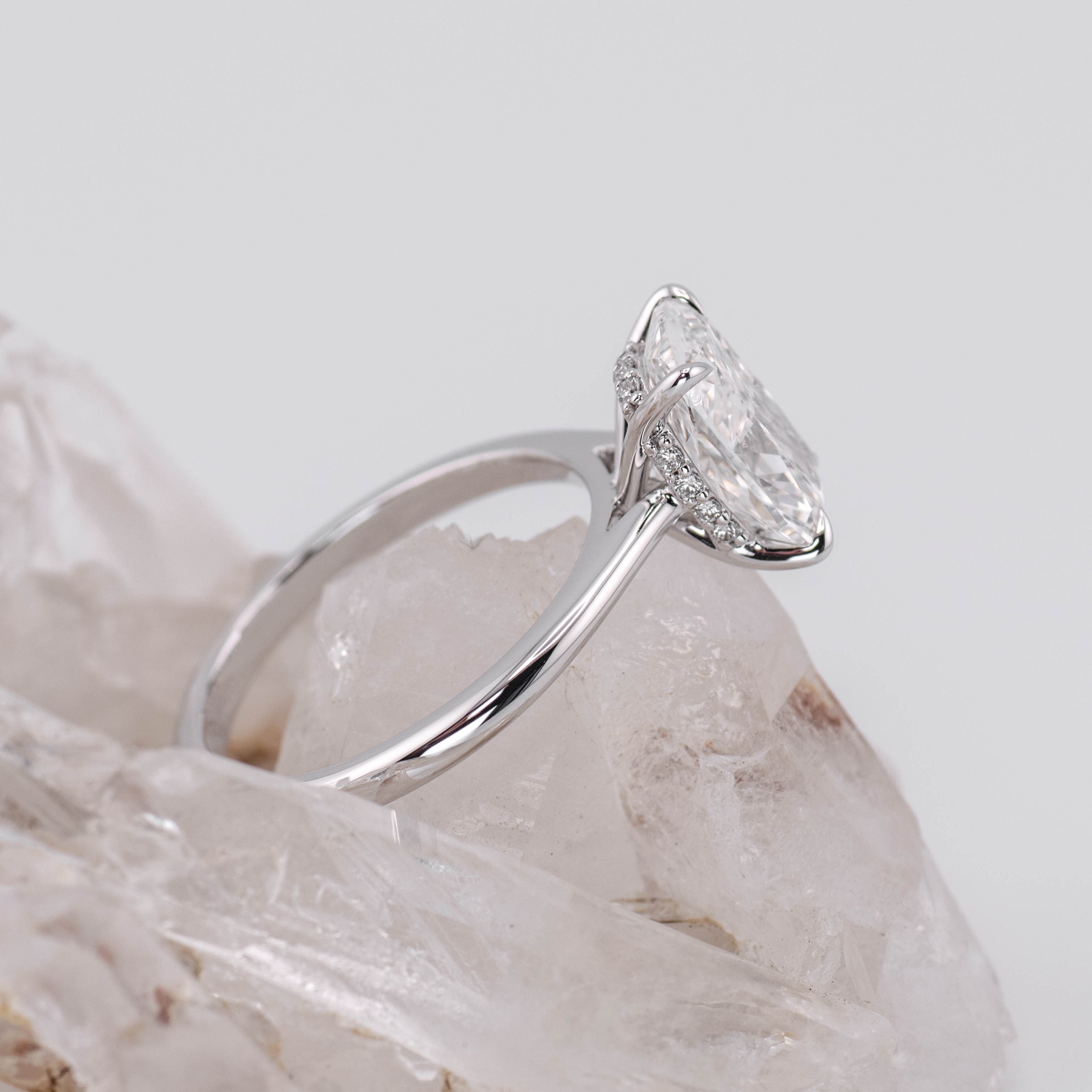 (Ready to Ship Size N) - Ruth 3.0 – Cathedral & Hidden Halo Elongated Cushion 3.08ct E VVS2 Solitaire in 14k White Gold