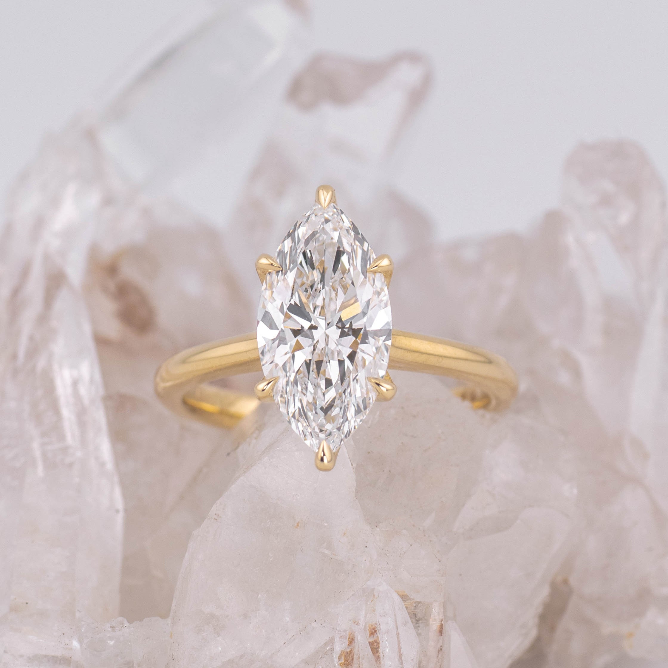 (Ready to Ship Size N) - Petal Marquise – 6 Claw 3.02ct E VVS2 Marquise Solitaire in 18k Yellow Gold