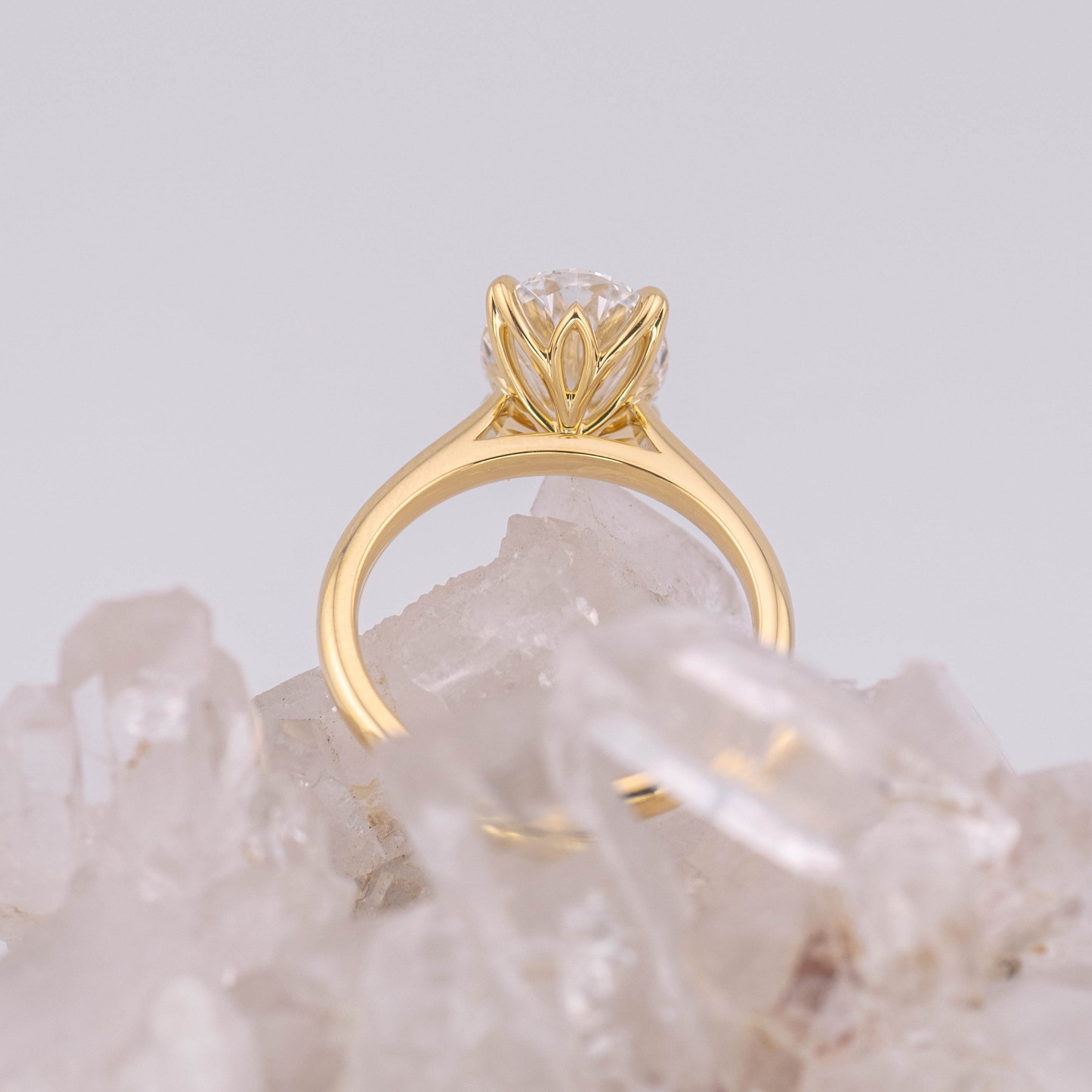(Ready to Ship Size M) - Oval Petal 3.0 – 4 Claw Petal Basket 3.06ct E VVS2 Oval Solitaire in 18k Yellow Gold