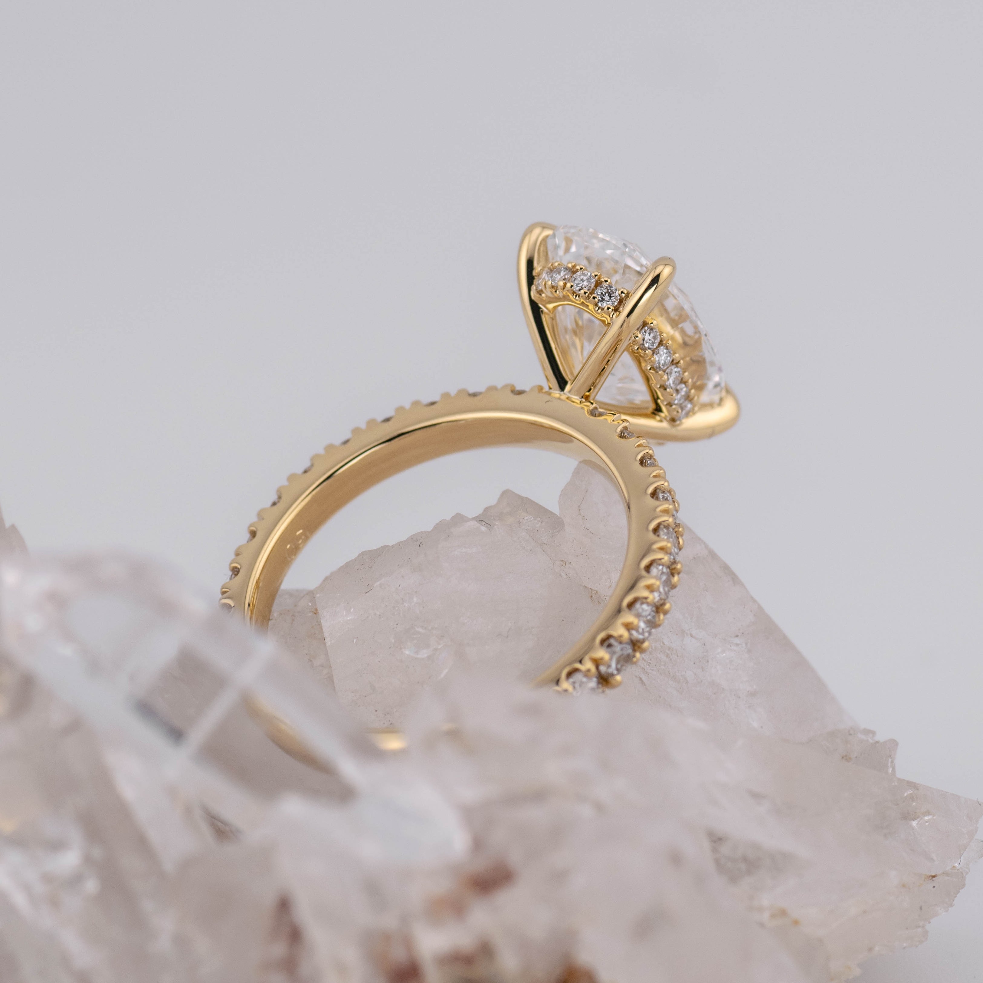 (Ready to Ship Size N) 4.03ct Oval Solitaire with Hidden Halo & Pave Band in 18k Yellow Gold