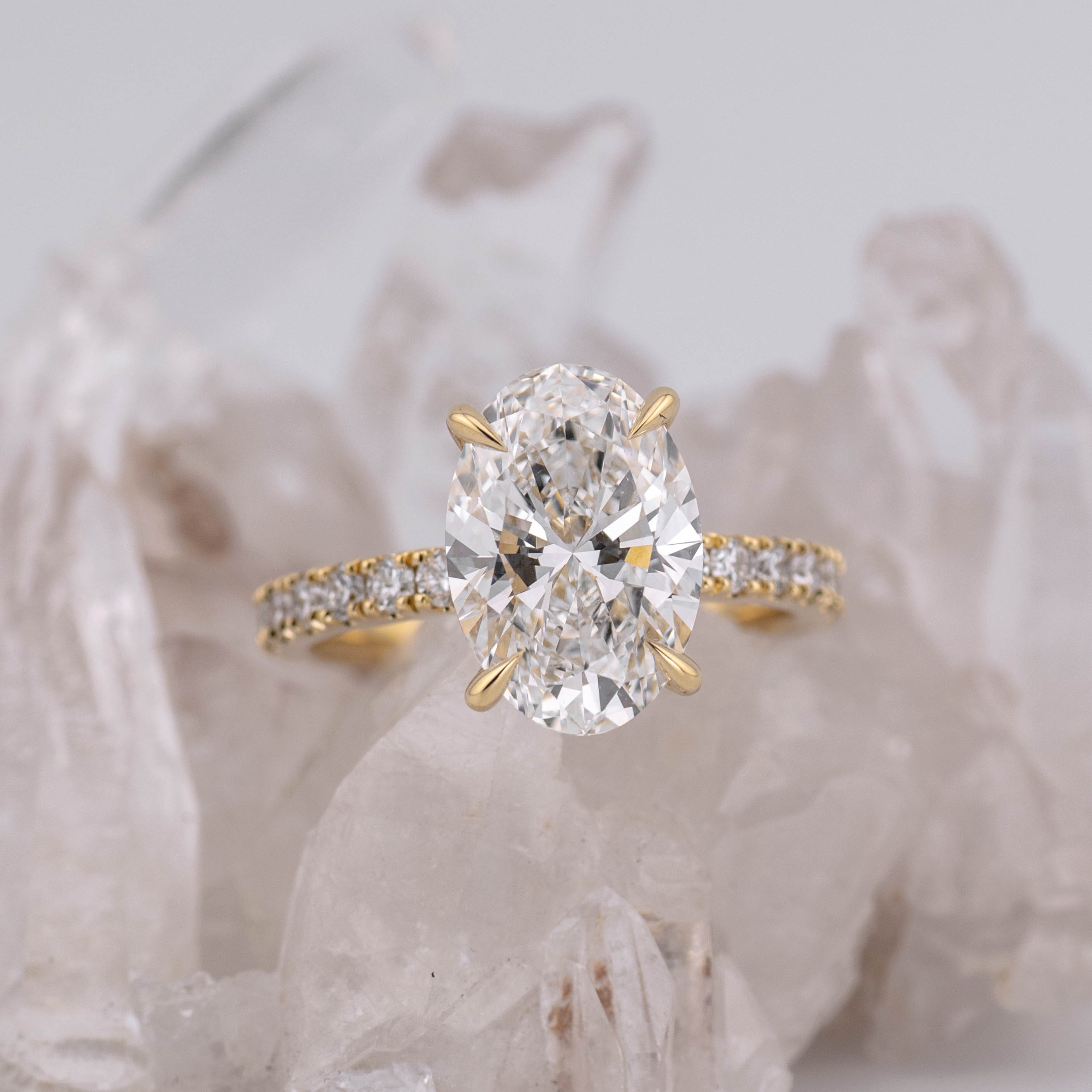 (Ready to Ship Size N) 4.03ct Oval Solitaire with Hidden Halo & Pave Band in 18k Yellow Gold