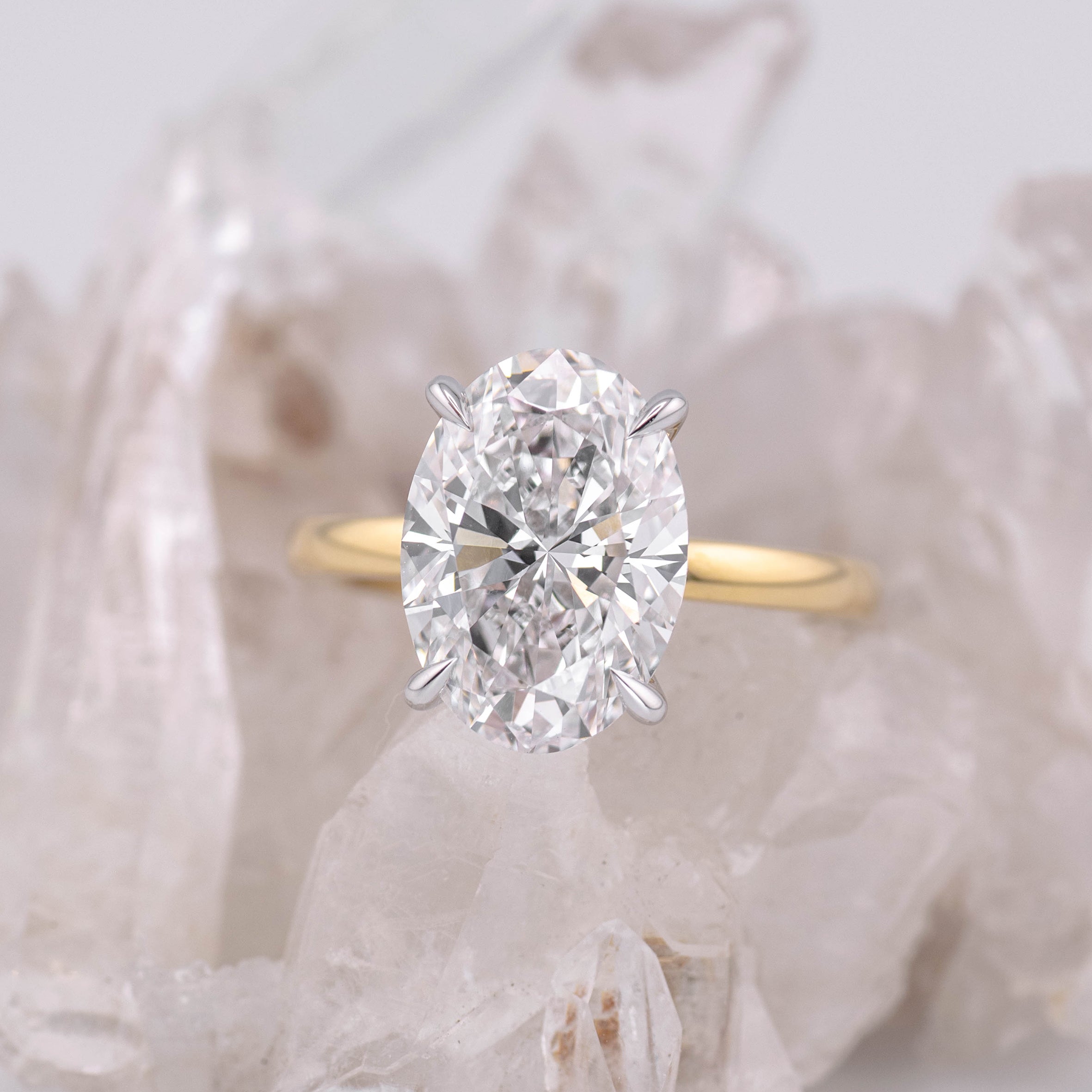 (Ready to Ship Size N) - Kate 5.0 – 4 Claw 5.05ct E VVS2 Oval Solitaire in 18k Yellow & White Gold