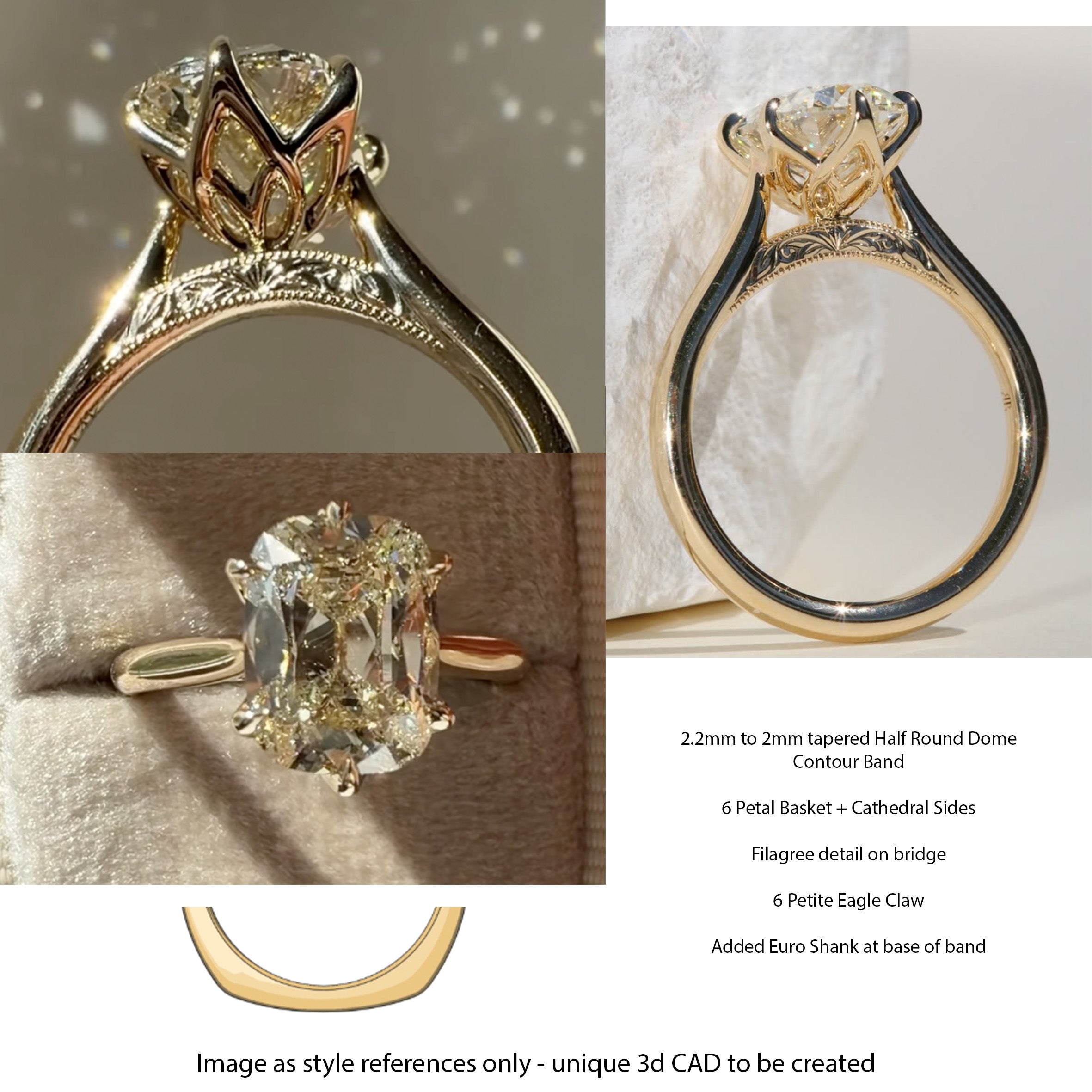 6 Petal Elongated Cushion – Elongated Old Mine Cushion Solitaire in 18k Yellow Gold
