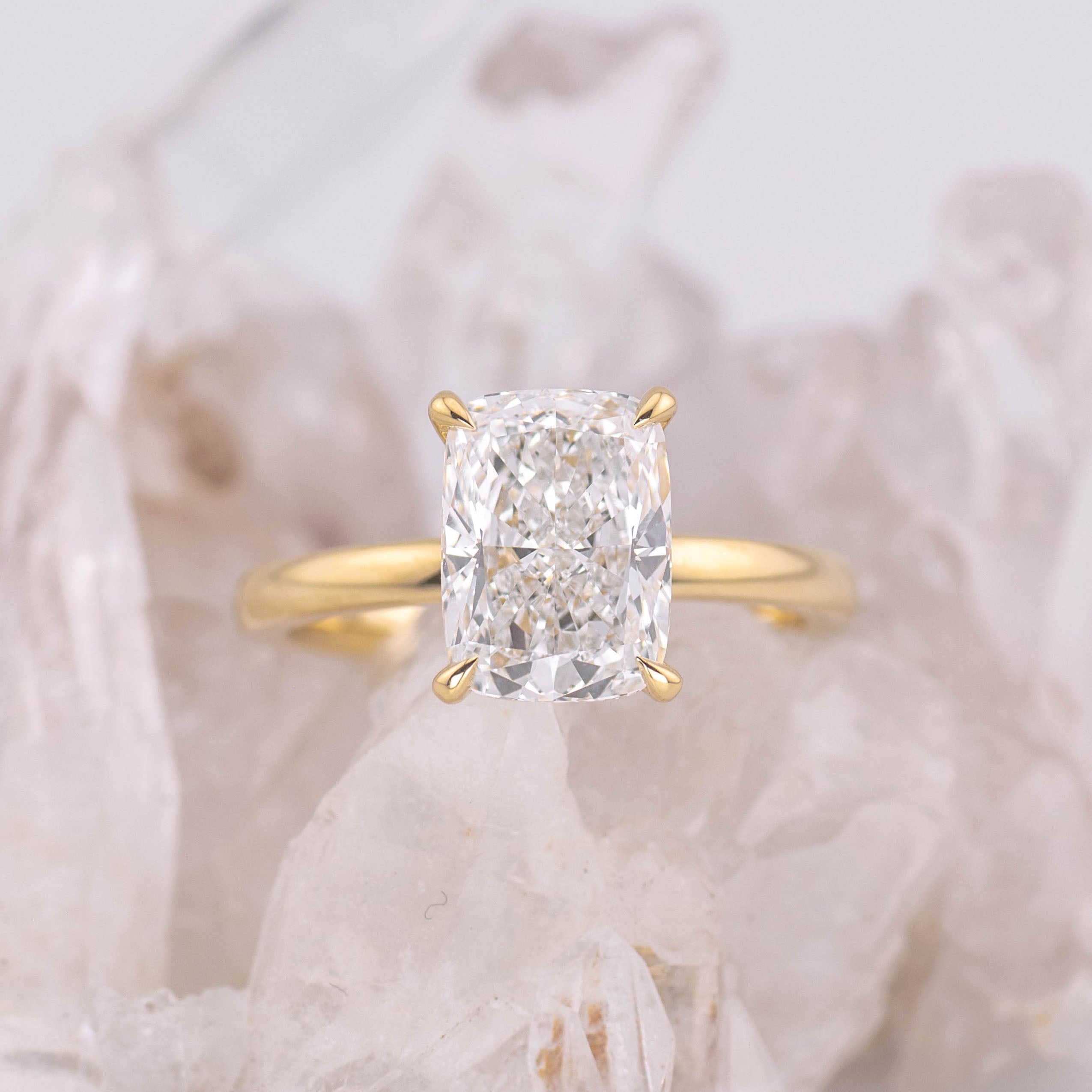 (Ready to Ship Size N) - Catherine 3.0 – Elongated Cushion 3.02ct D VVS2 Solitaire in 18k Yellow Gold