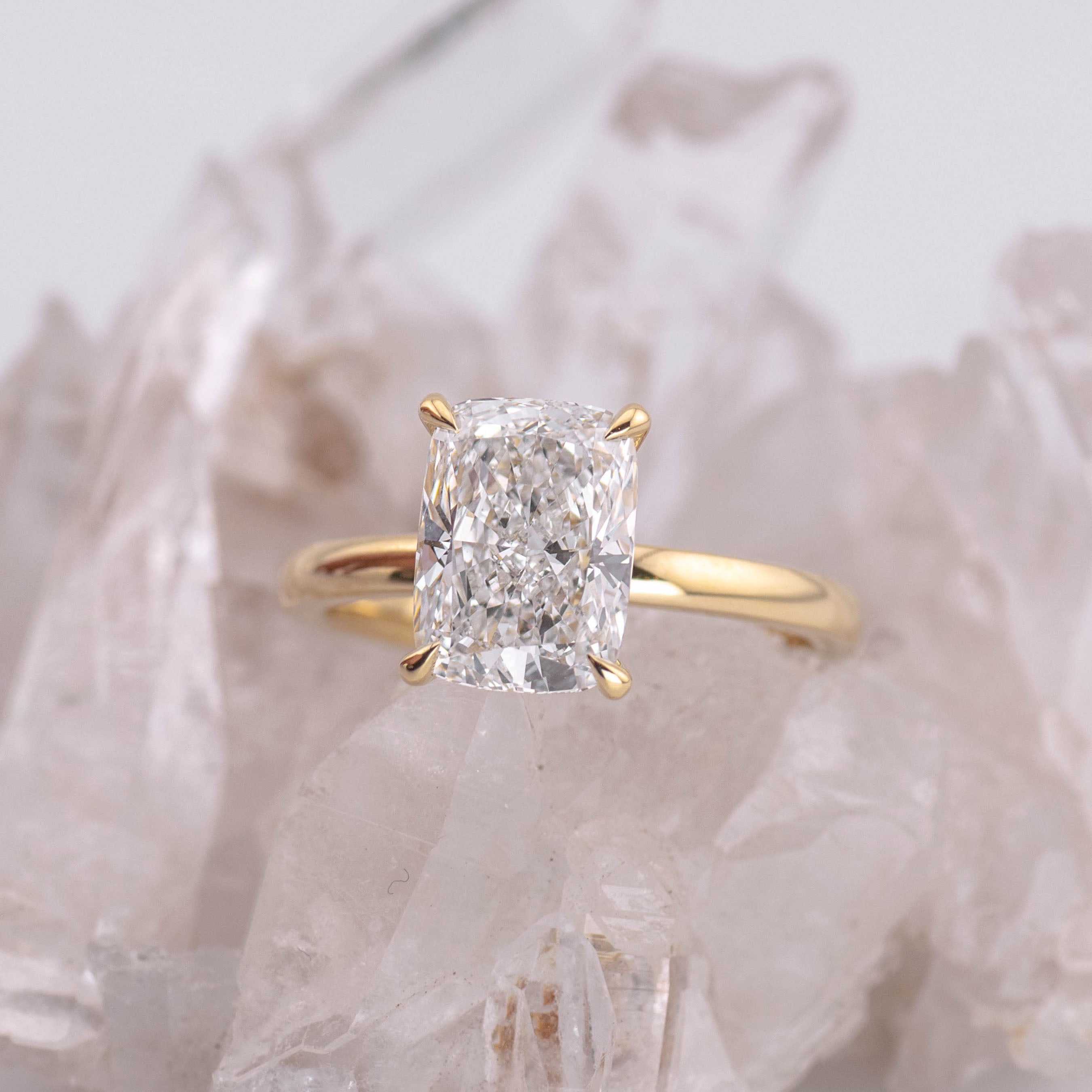 (Ready to Ship Size N) - Catherine 3.0 – Elongated Cushion 3.02ct D VVS2 Solitaire in 18k Yellow Gold