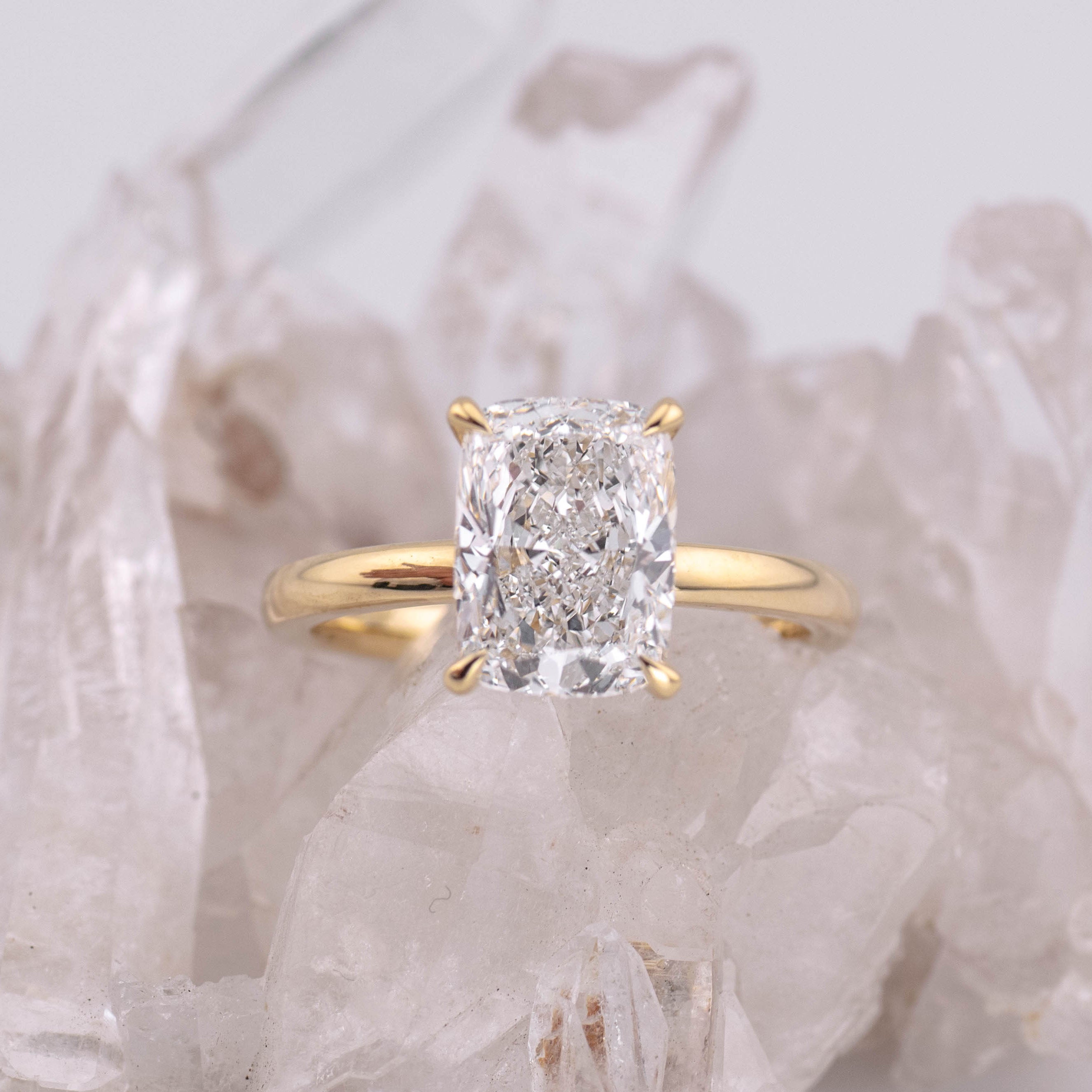(Ready to Ship Size N) - Catherine 3.0 – Elongated Cushion 3.02ct D VVS2 Solitaire in 18k Yellow Gold
