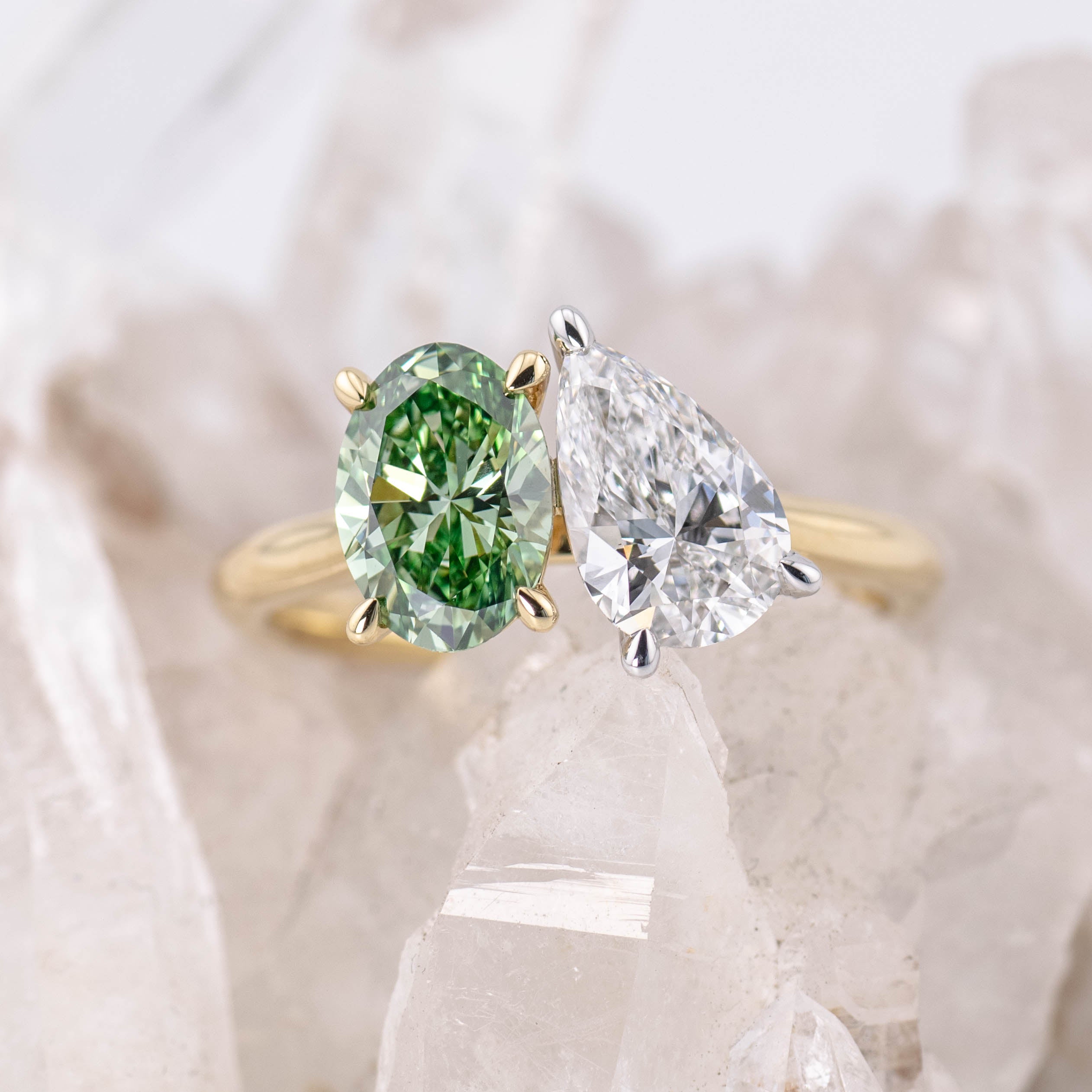 (Ready to Ship Size O) - Toi et Moi - 2.5ct Total Green and White Diamond in Two Tone Gold