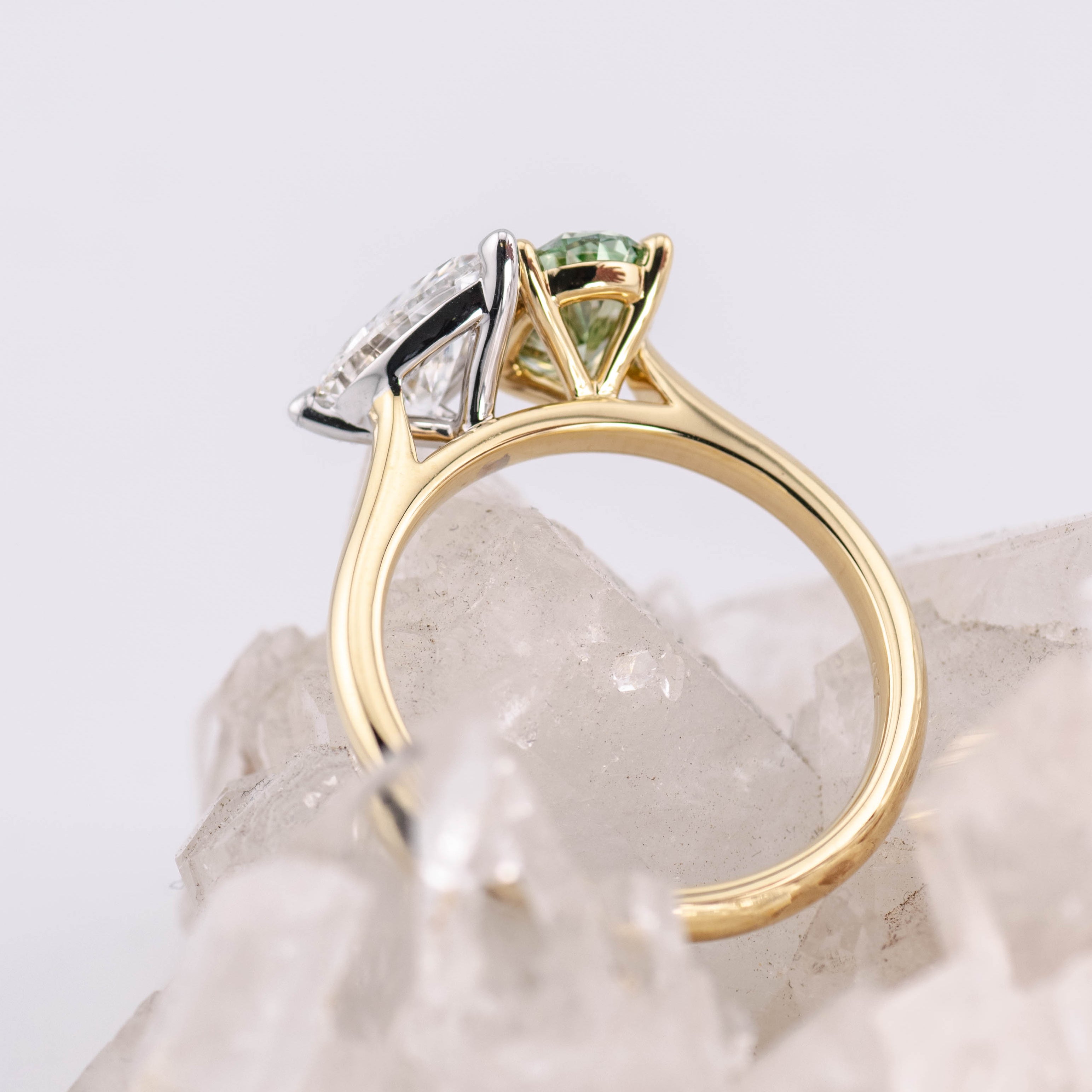 (Ready to Ship Size O) - Toi et Moi - 2.5ct Total Green and White Diamond in Two Tone Gold