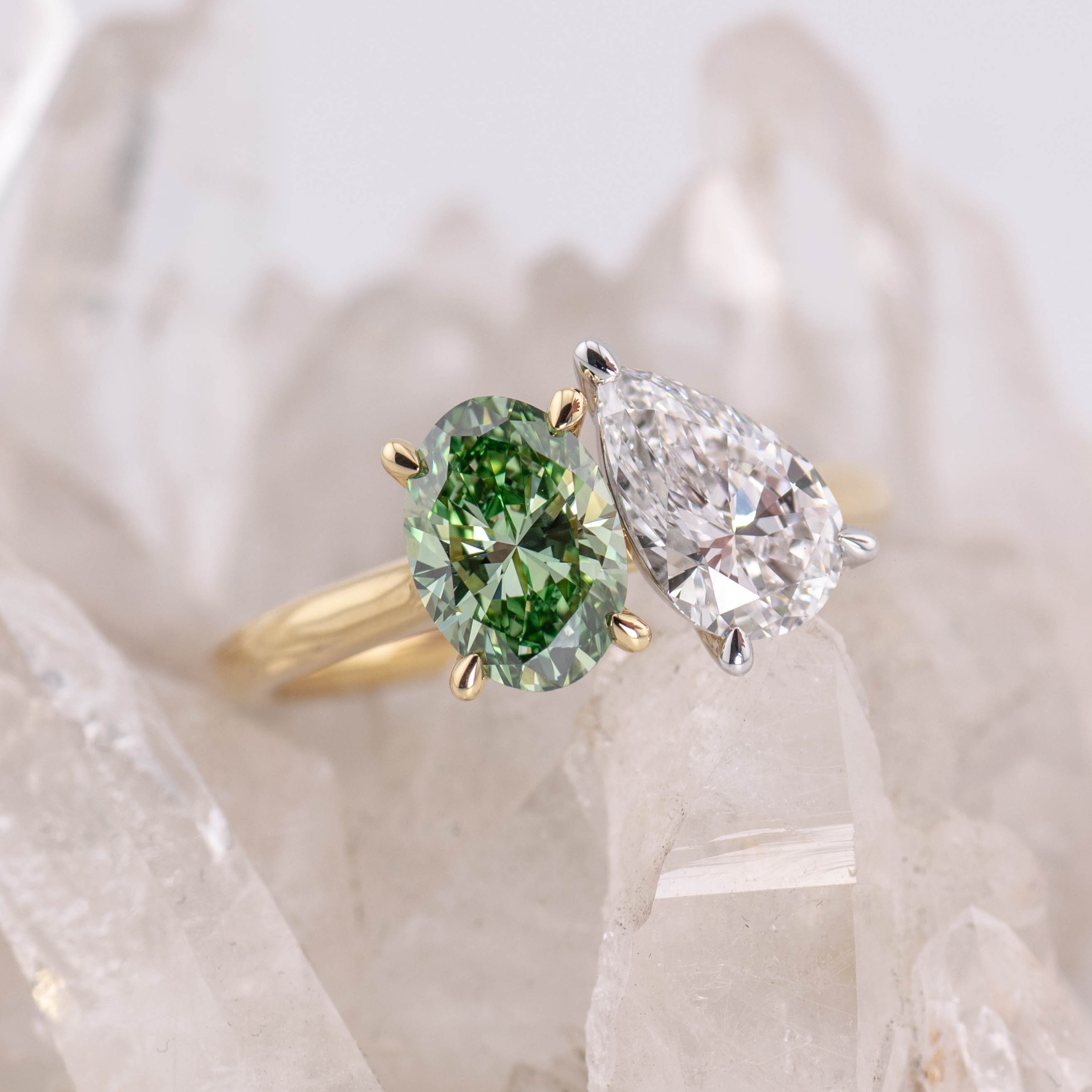 (Ready to Ship Size O) - Toi et Moi - 2.5ct Total Green and White Diamond in Two Tone Gold