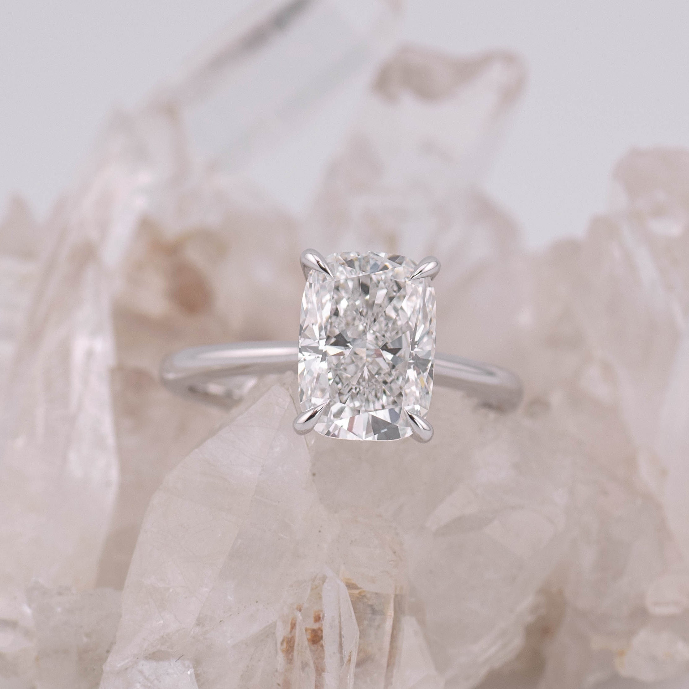 (Ready to Ship Size M) - Ruth 3.0 – Cathedral & Hidden Halo Elongated Cushion 3ct D VVS2 Solitaire in 14k White Gold