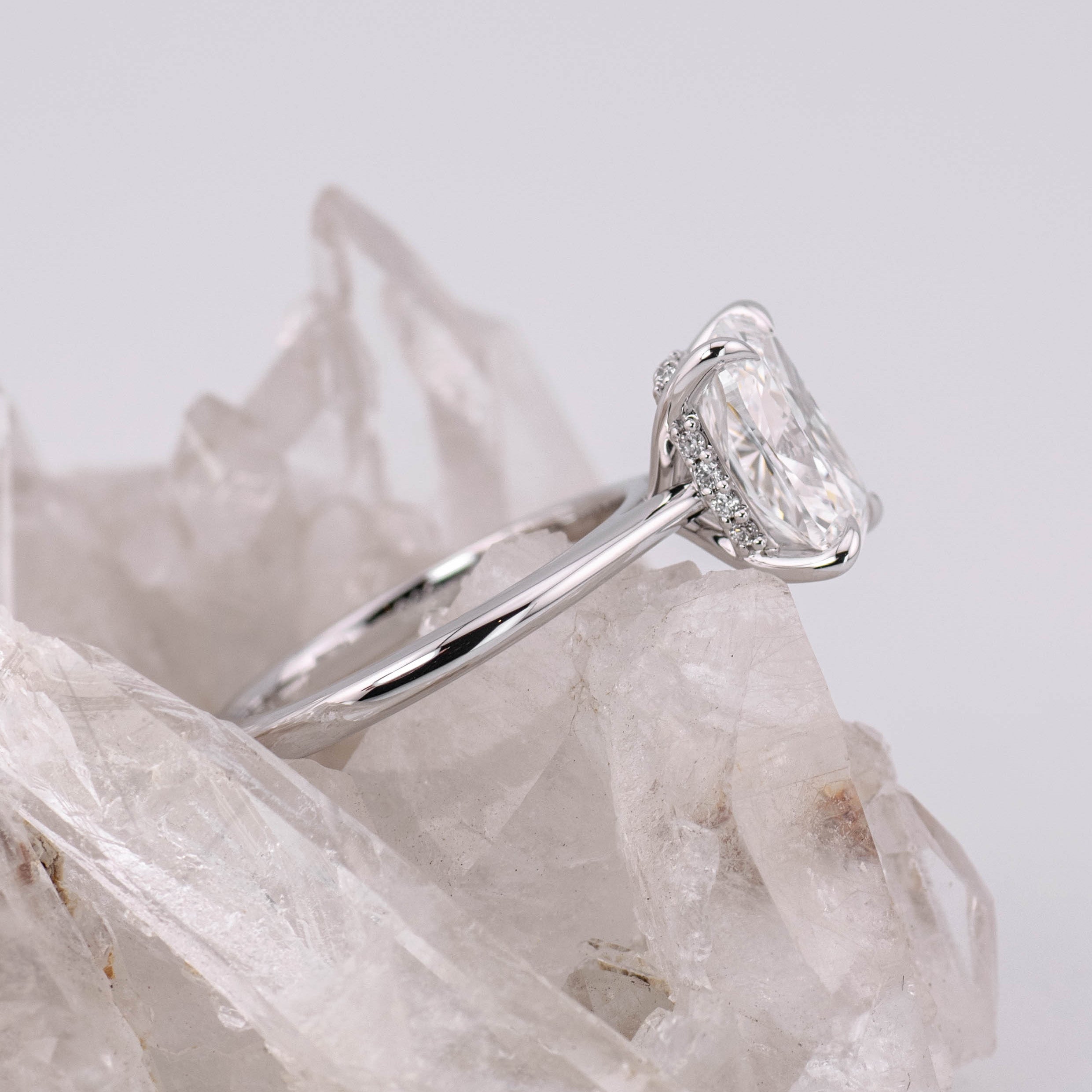 (Ready to Ship Size M) - Ruth 3.0 – Cathedral & Hidden Halo Elongated Cushion 3ct D VVS2 Solitaire in 14k White Gold