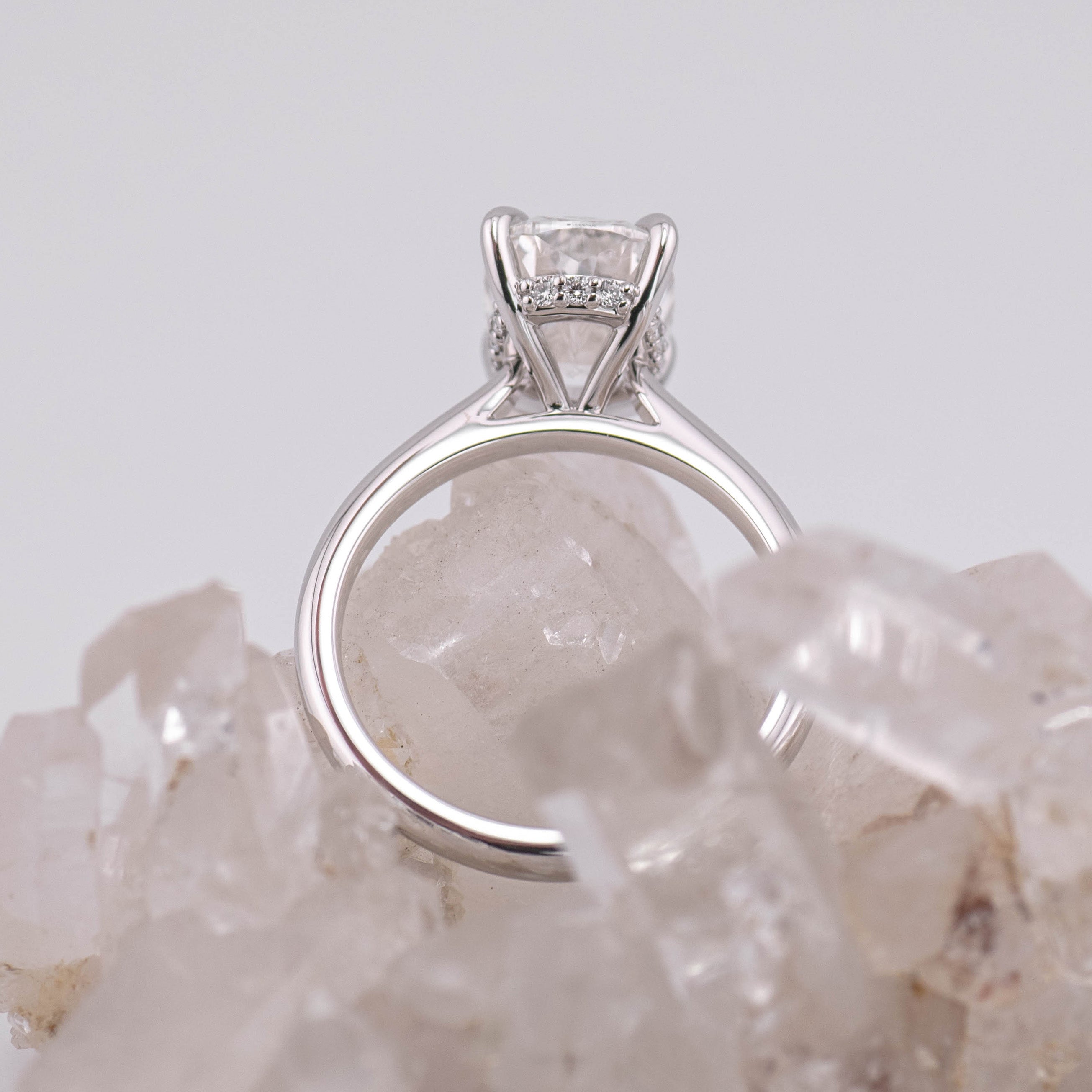 (Ready to Ship Size M) - Ruth 3.0 – Cathedral & Hidden Halo Elongated Cushion 3ct D VVS2 Solitaire in 14k White Gold