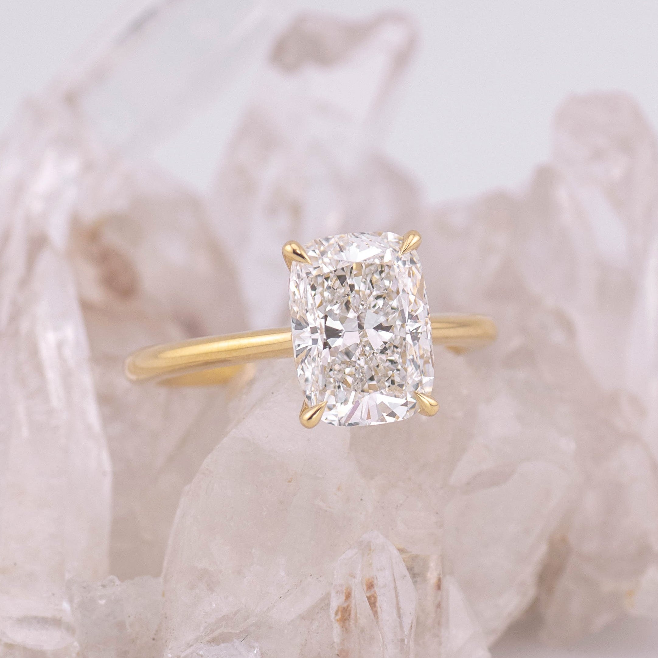 (Ready to Ship Size N) - Ruth 3.0 – Cathedral & Hidden Halo Elongated Cushion 3.1ct E VVS2 Solitaire in 18k Yellow Gold