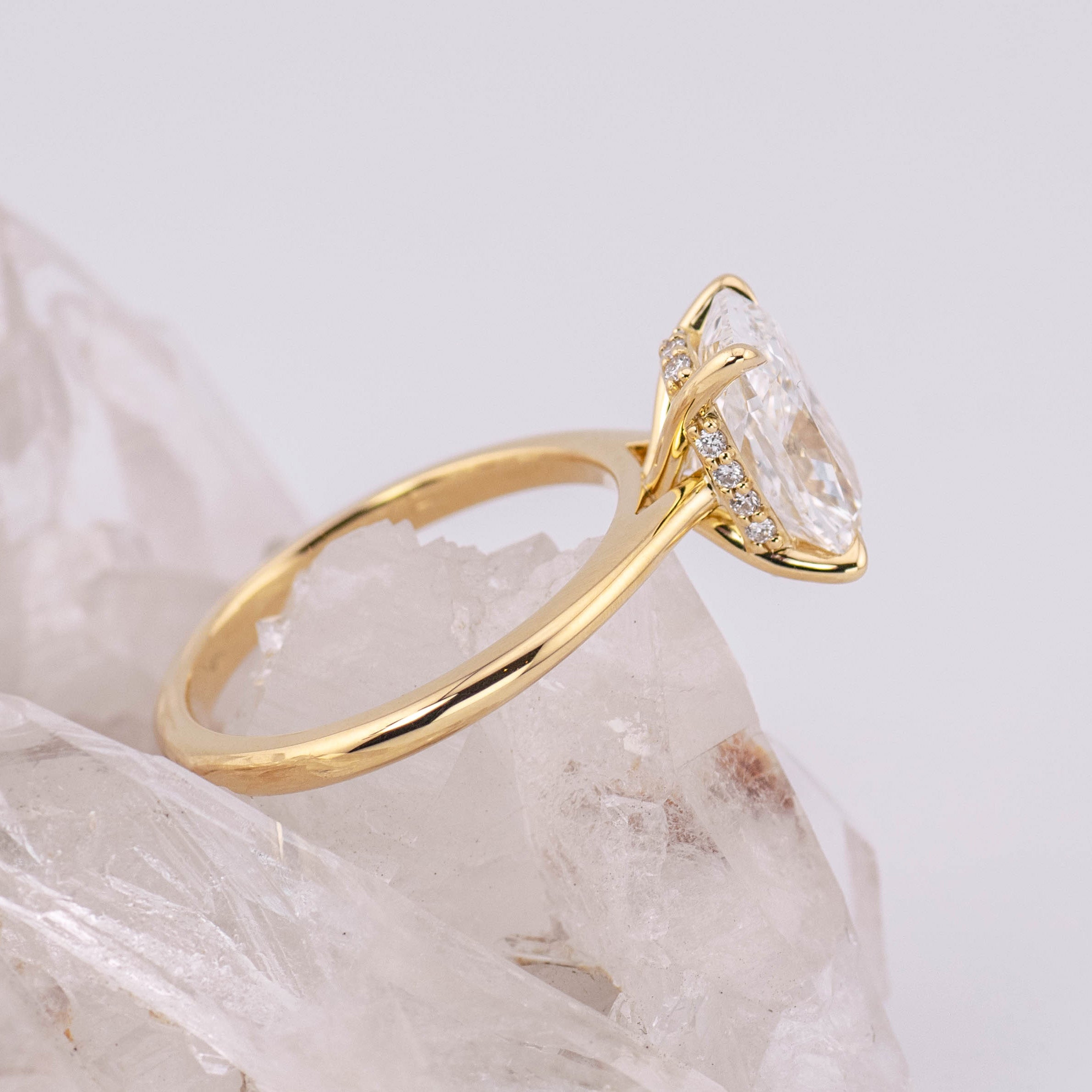 (Ready to Ship Size N) - Ruth 3.0 – Cathedral & Hidden Halo Elongated Cushion 3.1ct E VVS2 Solitaire in 18k Yellow Gold