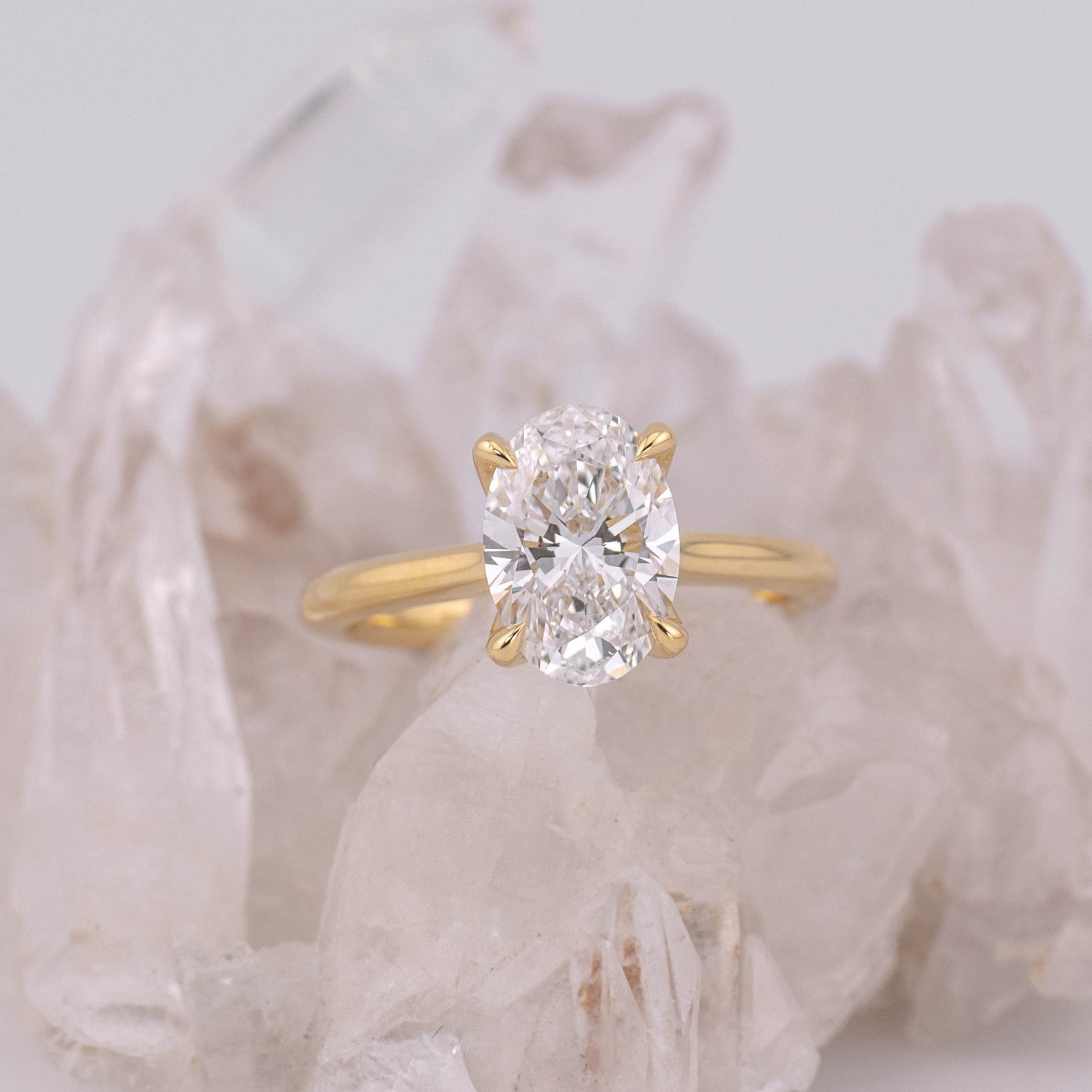 (Ready to Ship Size L) - Oval Petal 2.0 – 4 Claw Petal Basket 2ct D VVS2 Oval Solitaire in 18k Yellow Gold