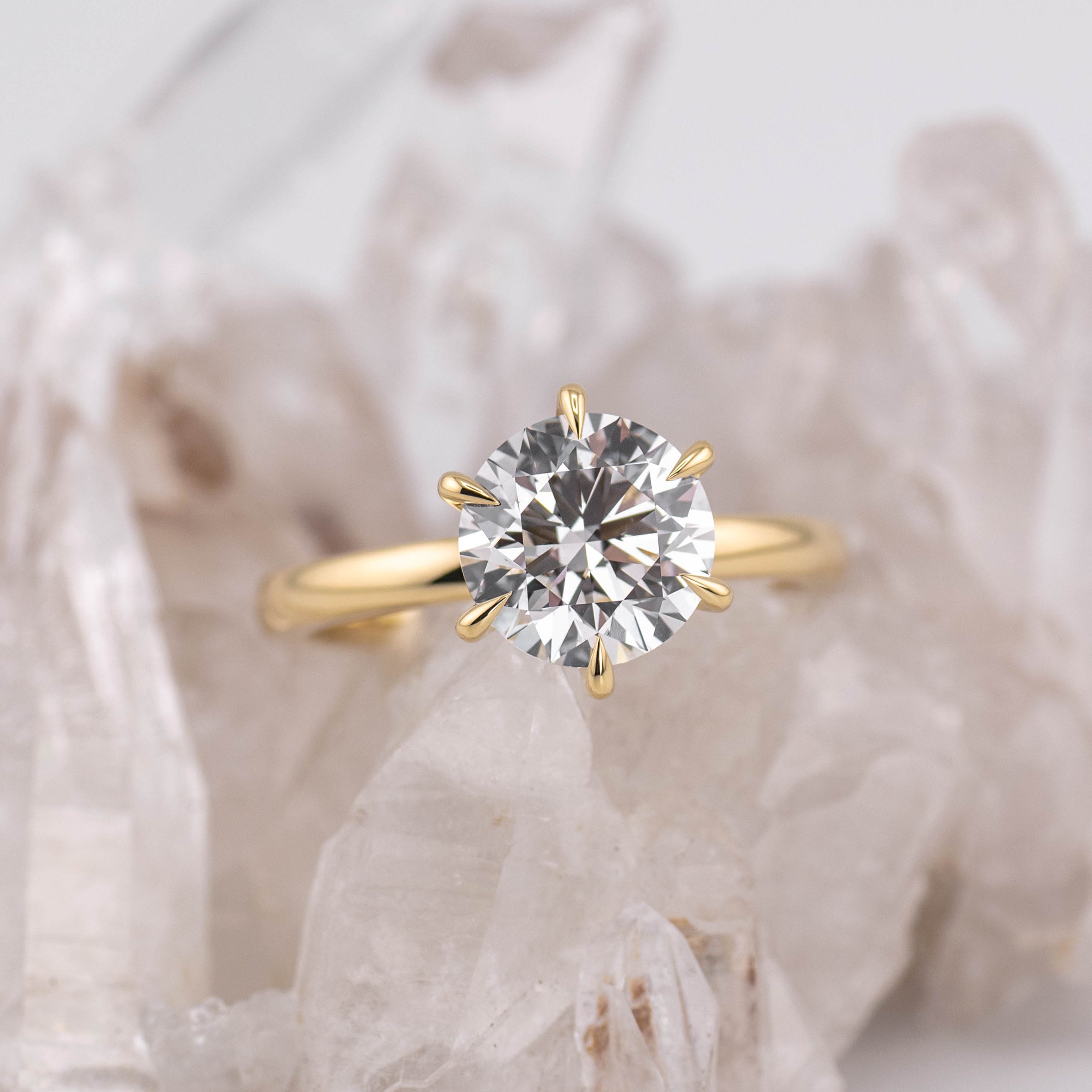 (Ready to Ship Size M) - Billie 2.0 – 6 Claw 2.23ct E VVS2 Round Solitaire 18k Yellow Gold (Hearts & Arrows)