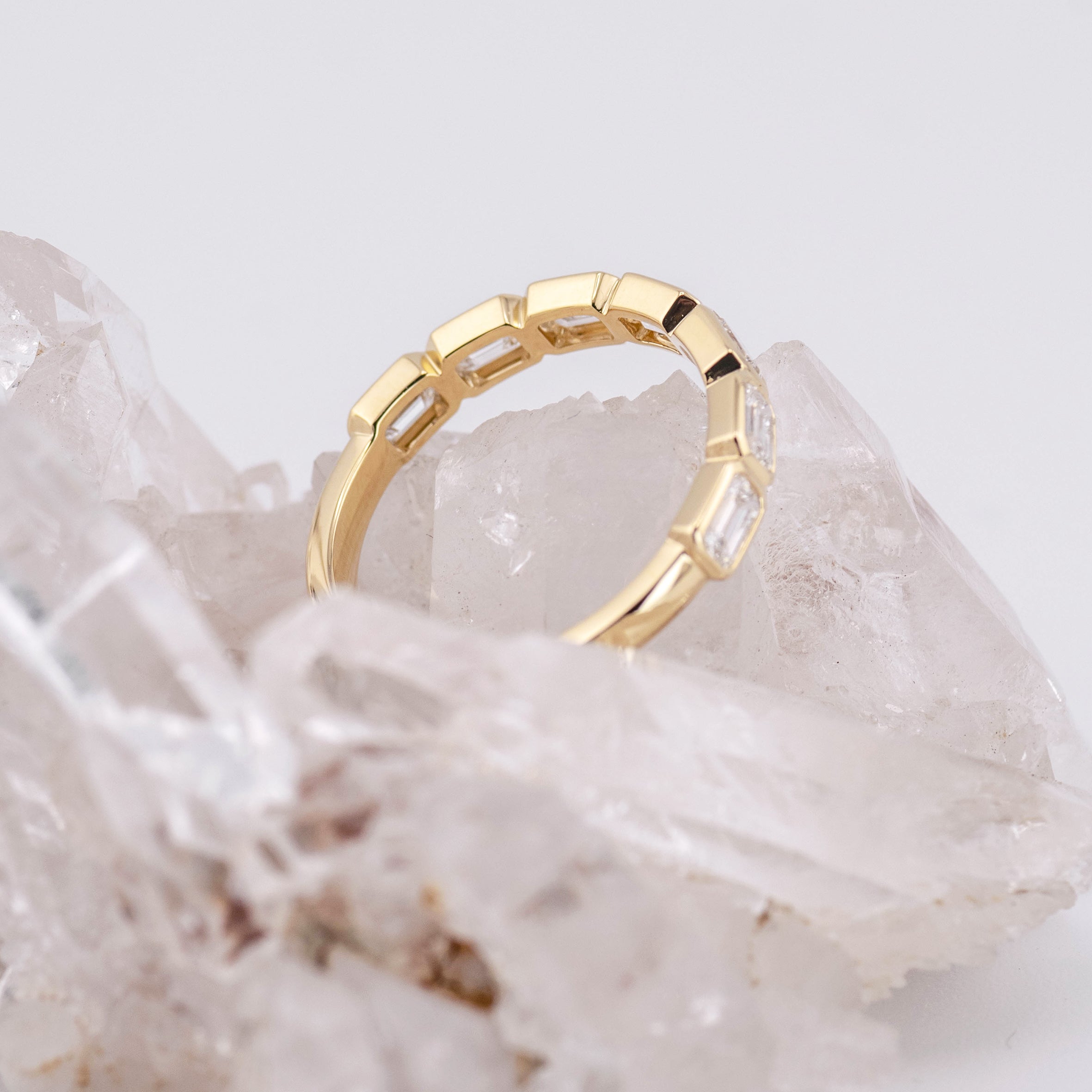 (Ready to Ship M) Aria 1/2 Band East/West Emerald Bezel Set Wedding/Eternity Ring 18k Yellow Gold