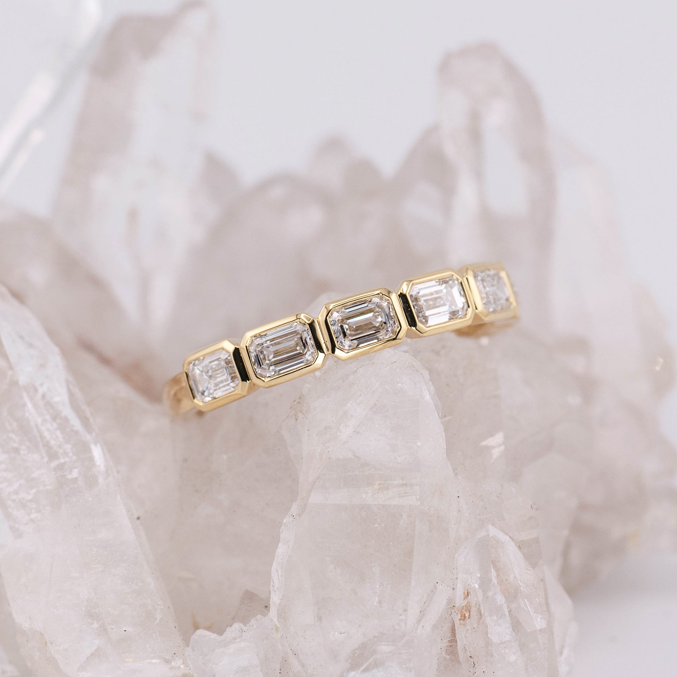 (Ready to Ship M) Aria 1/2 Band East/West Emerald Bezel Set Wedding/Eternity Ring 18k Yellow Gold
