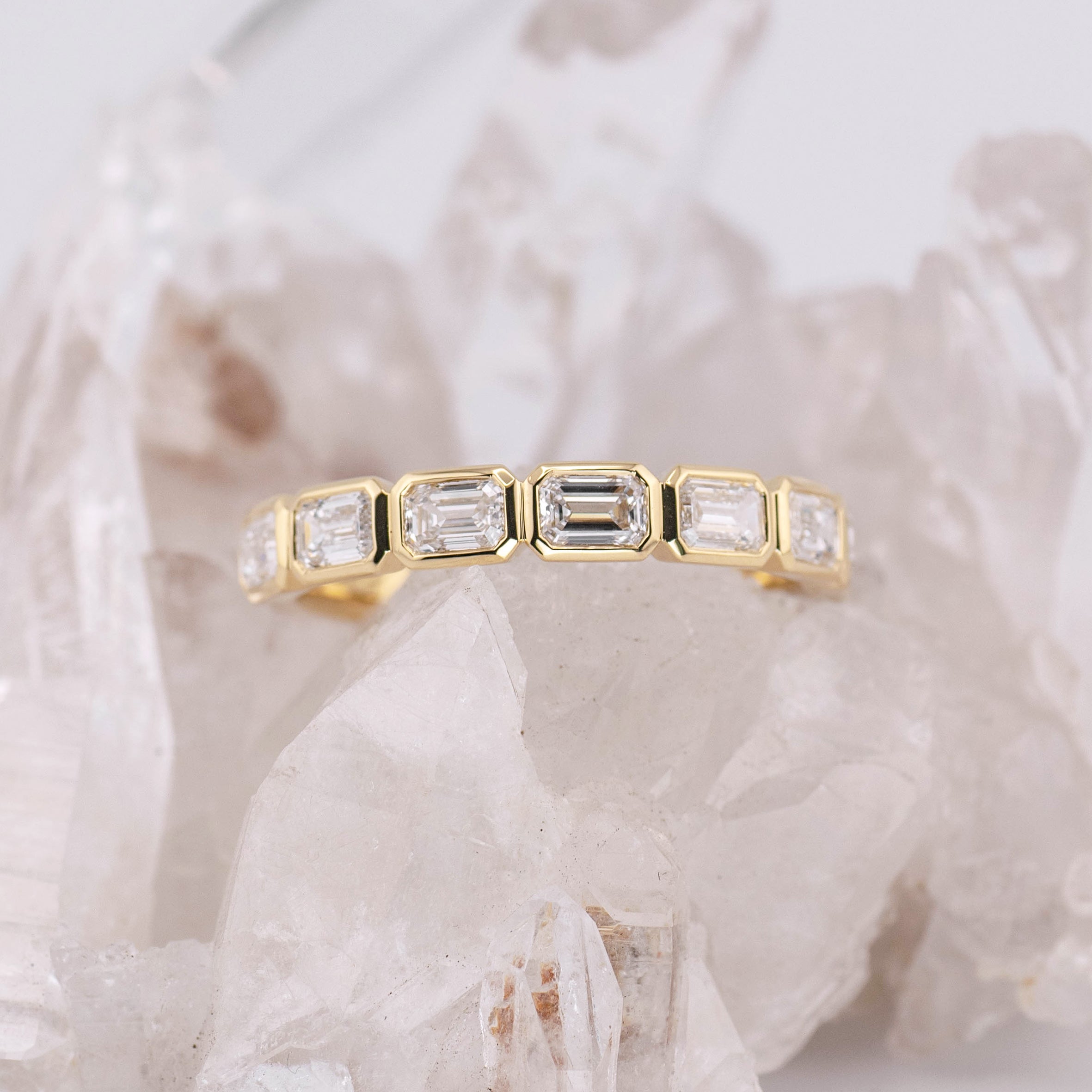 (Ready to Ship M) Aria 1/2 Band East/West Emerald Bezel Set Wedding/Eternity Ring 18k Yellow Gold