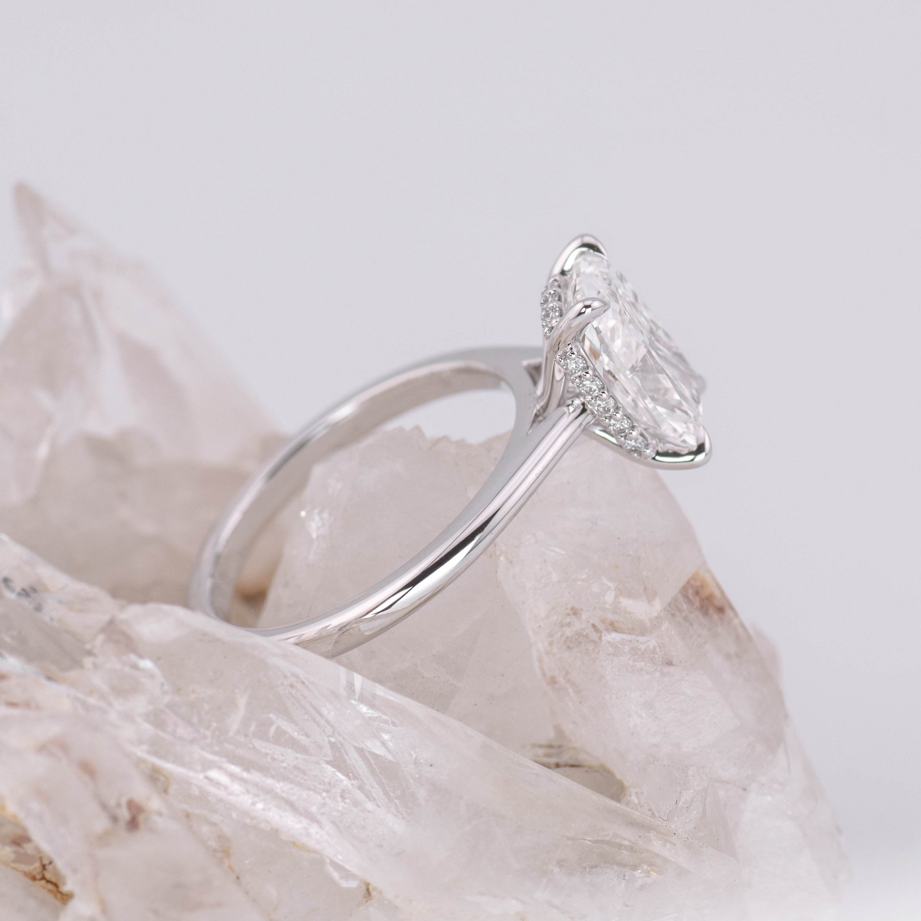 (Ready to Ship Size M) - Ruth 2.5 – Cathedral & Hidden Halo Elongated Cushion 2.5ct E VVS2 Solitaire in 18k White Gold